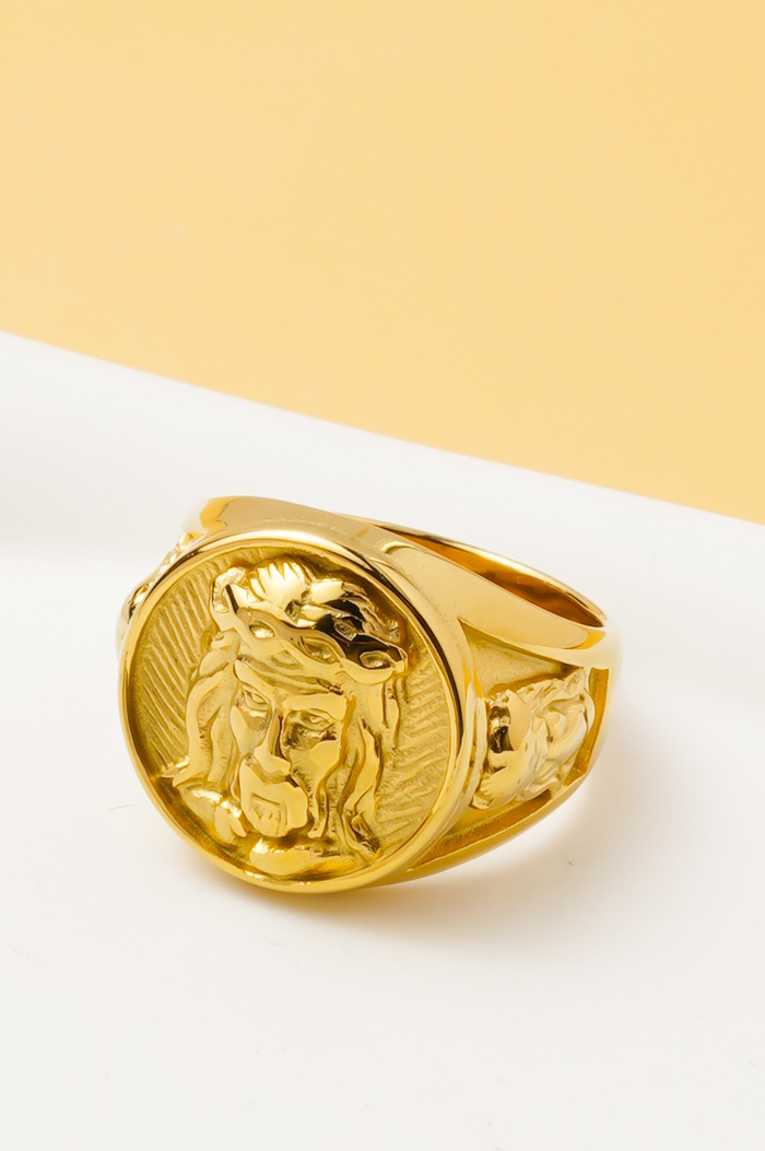 Grossiste Ceramik - Bague Homme Christ Doré – Acier Inoxydable (Taille US 8-13 / FR 57-69)