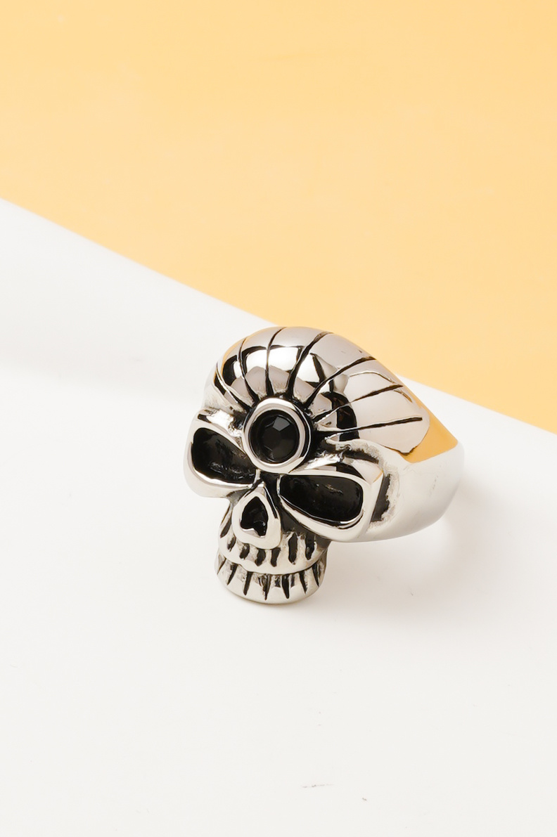 Großhändler Ceramik - Herren Totenkopfring – Edelstahl – Schwarzer Stein – Größen US 8–15 / FR 57–75