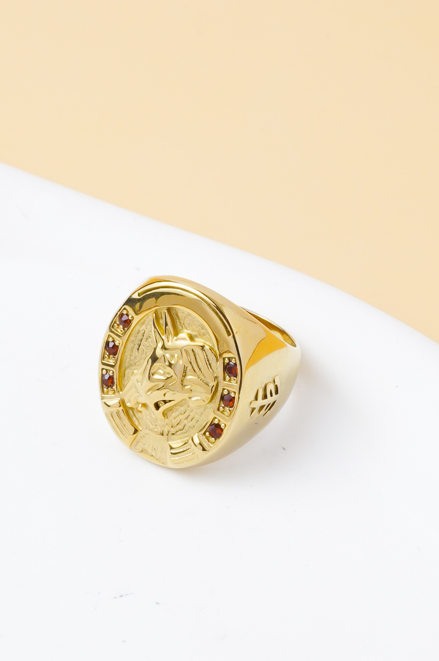 Grossista Ceramik - Anello da uomo in acciaio inossidabile con motivo testa e pietre rosse – taglie US 9–15 (FR 60–75)