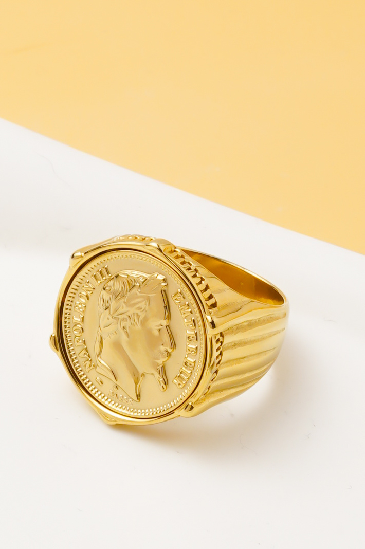 Mayorista Ceramik - Anillo de Hombre Moneda Antigua pieza Napoleón – Acero Inoxidable – Estilo Clásico – Talla US 6-14 / FR 52-71 - Colores a elegir - oro o plateado