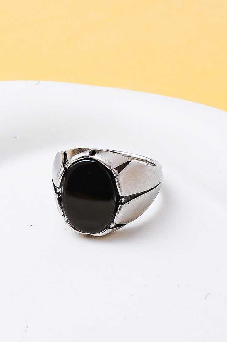 Wholesaler Ceramik - Men's Black Oval Stone Ring in Stainless Steel – Sizes US 8-13 / FR 57-70