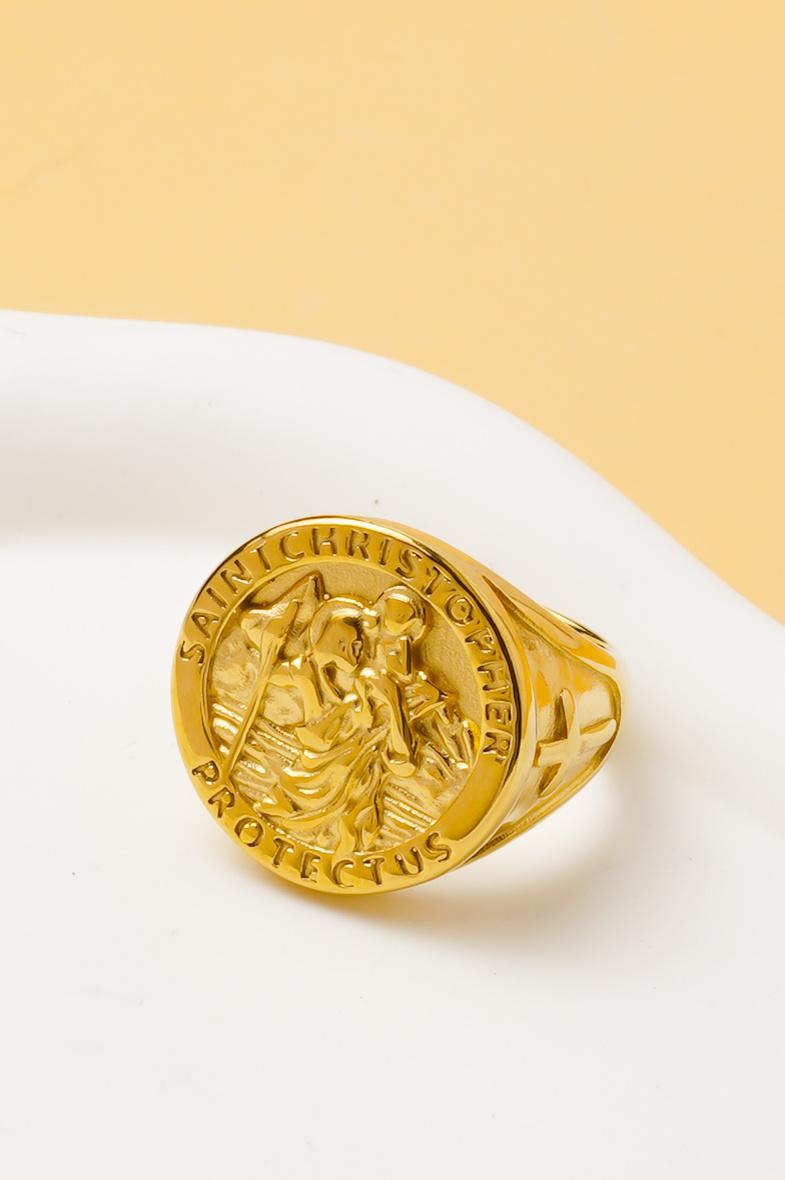 Großhändler Ceramik - Herrenring Sankt Christophorus vergoldet – Edelstahl – Größe US 8-14 / FR 57-71