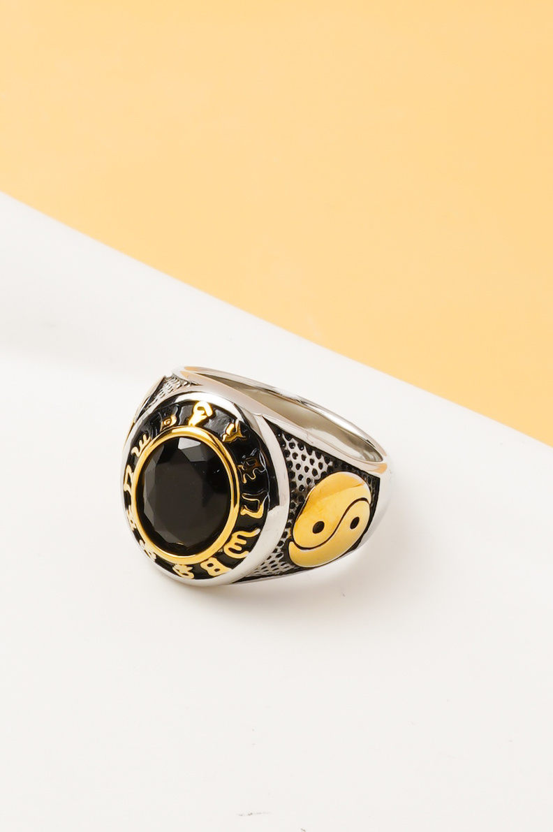 Wholesaler Ceramik - Men's Yin Yang & Engraved Symbols Ring – Stainless Steel – Spiritual / Biker Style – Sizes US 6 to 15 / FR 52 to 75
