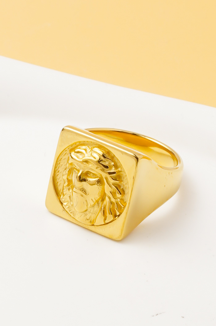 Großhändler Ceramik - Herren Quadratischer Goldener Christus-Ring – Edelstahl (US-Größe 8-13 / FR 57-69)