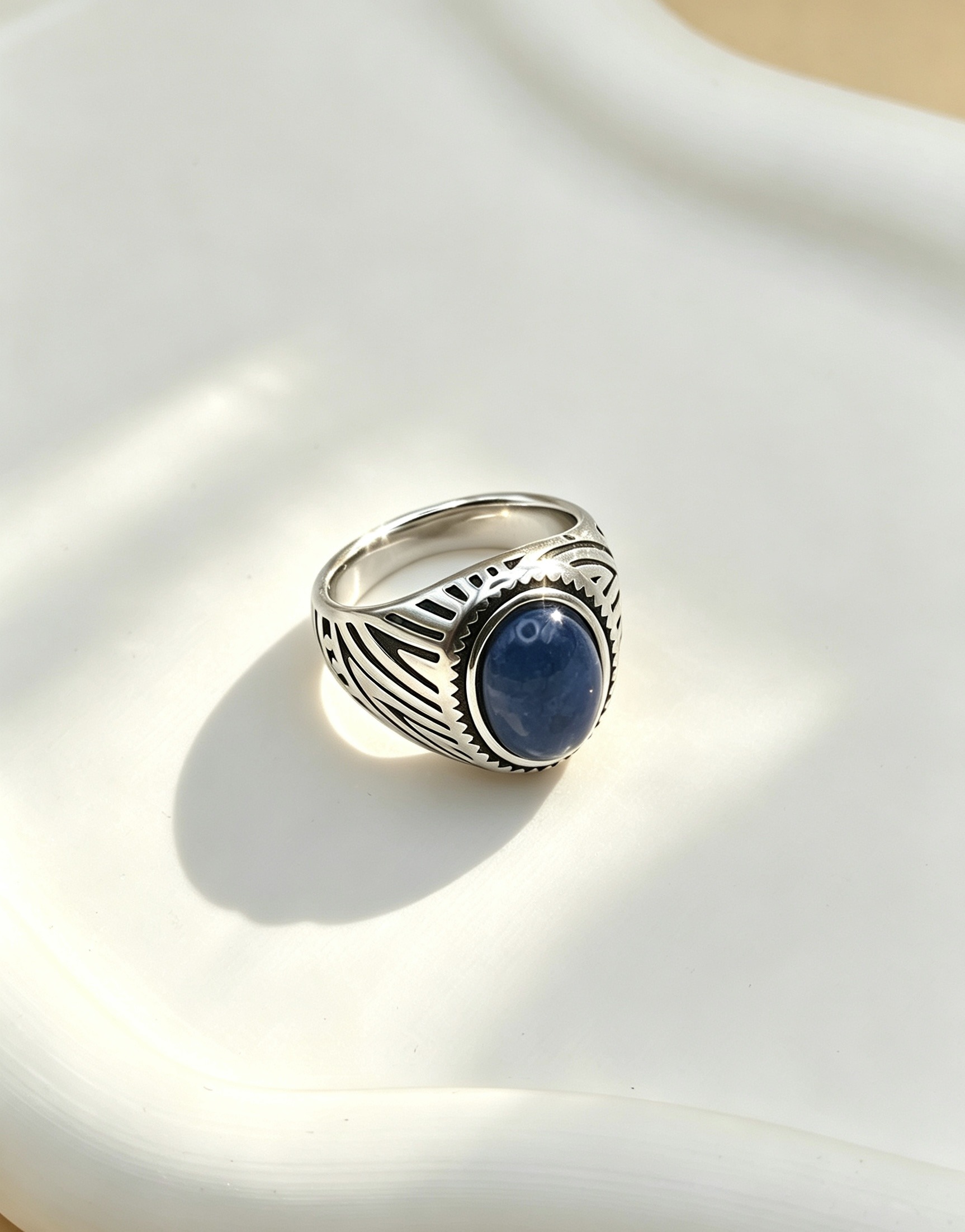 Grossiste Ceramik - Bague Chevalière Homme Acier Inoxydable — Pierre Bleue & Gravures (Tailles 58 à 68)