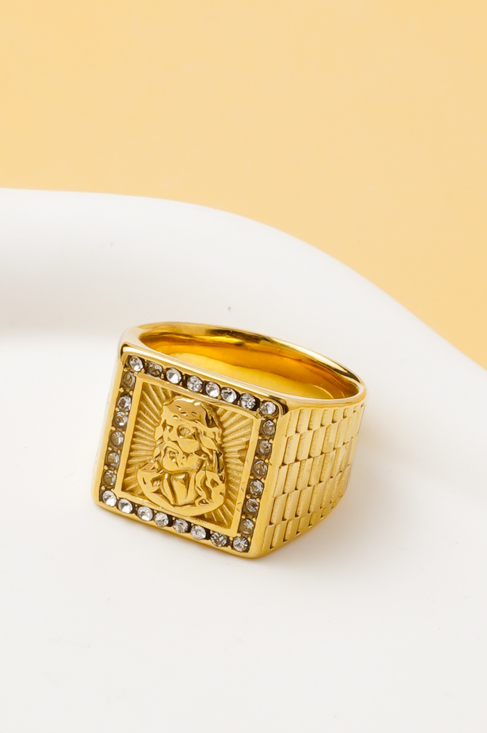 Wholesaler Ceramik - Men's gold Jesus Christ ring with rhinestones – Stainless steel – Size US 8-13 / FR 57-70