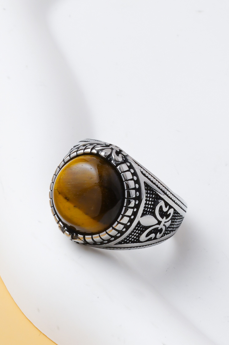 Grossista Ceramik - Anello da uomo con pietra marrone stile vintage in acciaio inossidabile (US 7-13 / FR 55-70)