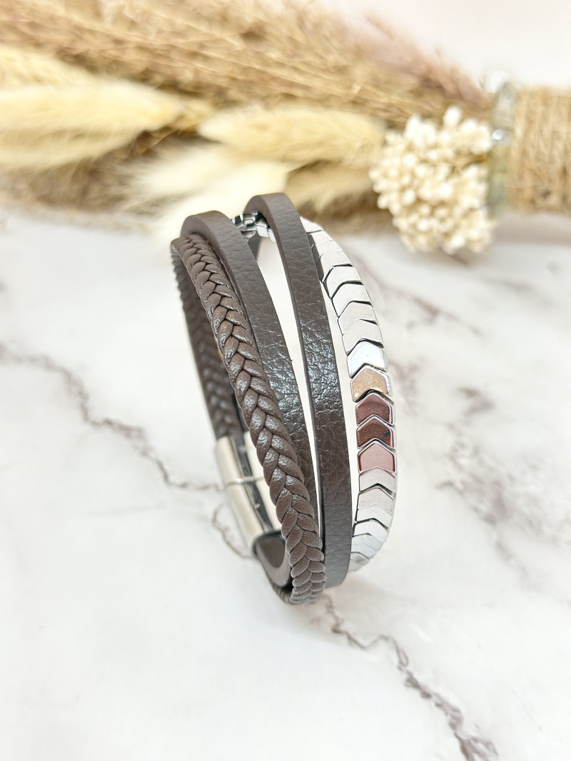 Grossista Ceramik - Bracciale in Pelle e Acciaio Inossidabile per Uomini o Donne