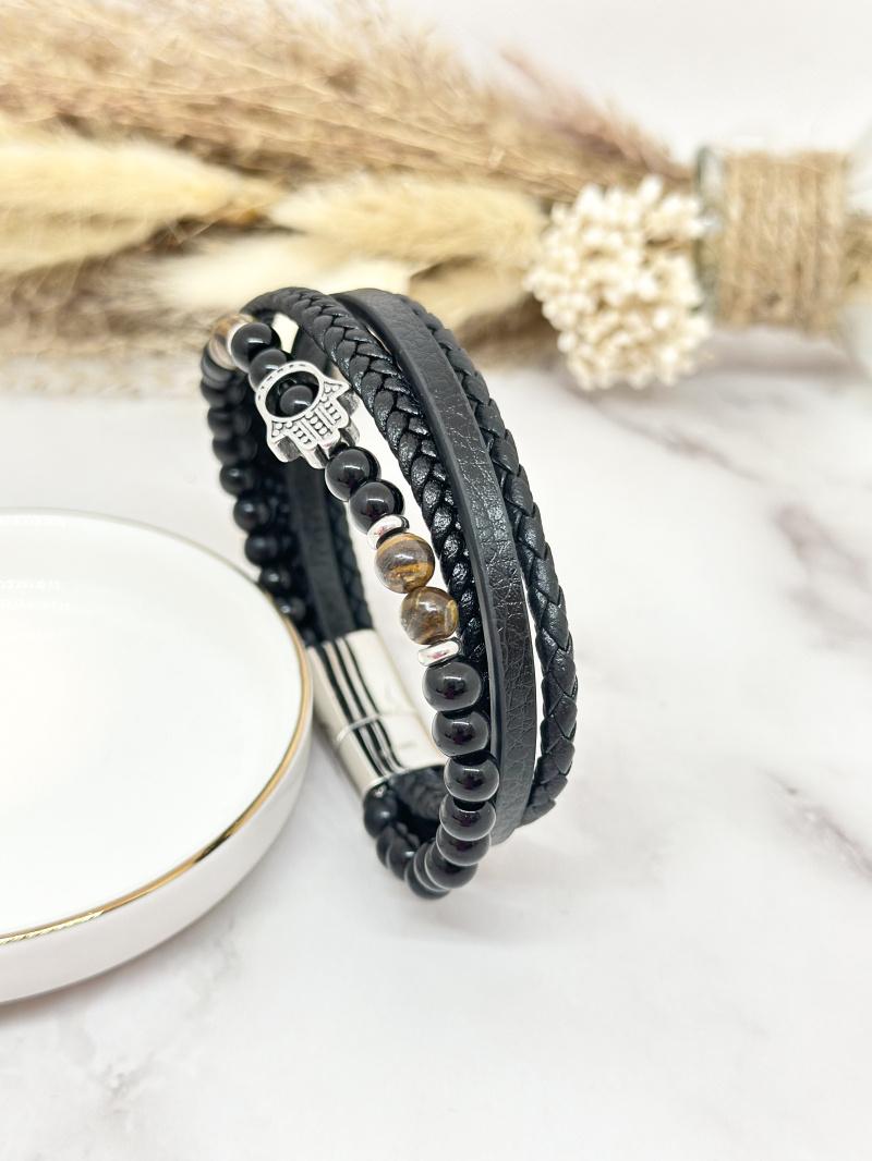 Grossiste Ceramik - Bracelet en Cuir et Acier Inoxydable avec pierre naturelle
