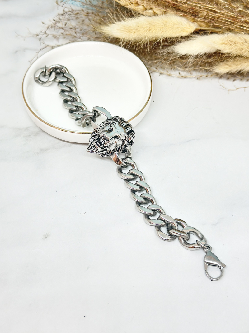 Grossiste Ceramik - Bracelet gourmette biker acier inoxydable tête de lion