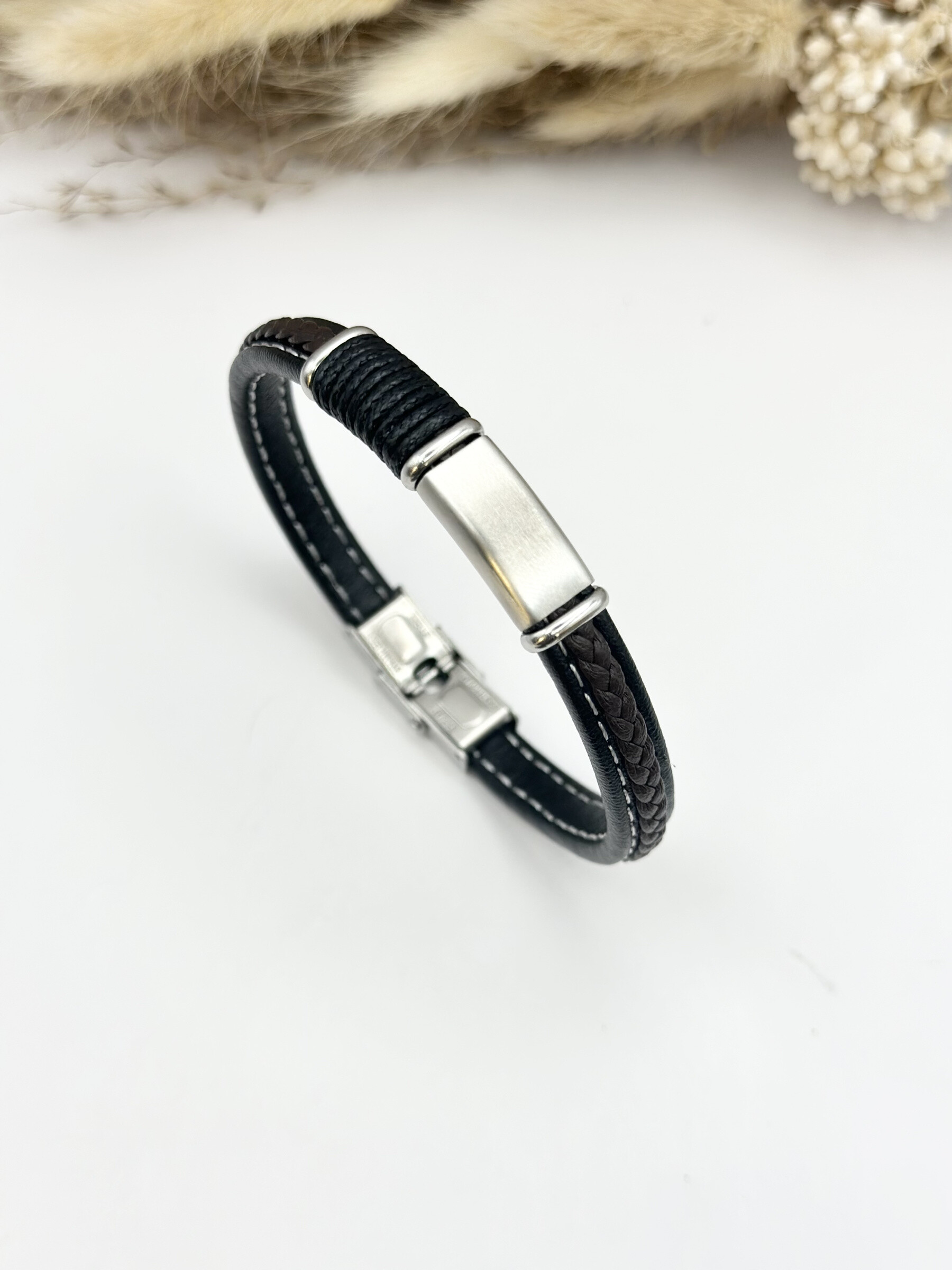 Großhändler Ceramik - Armband aus Leder und Edelstahl, größenverstellbar