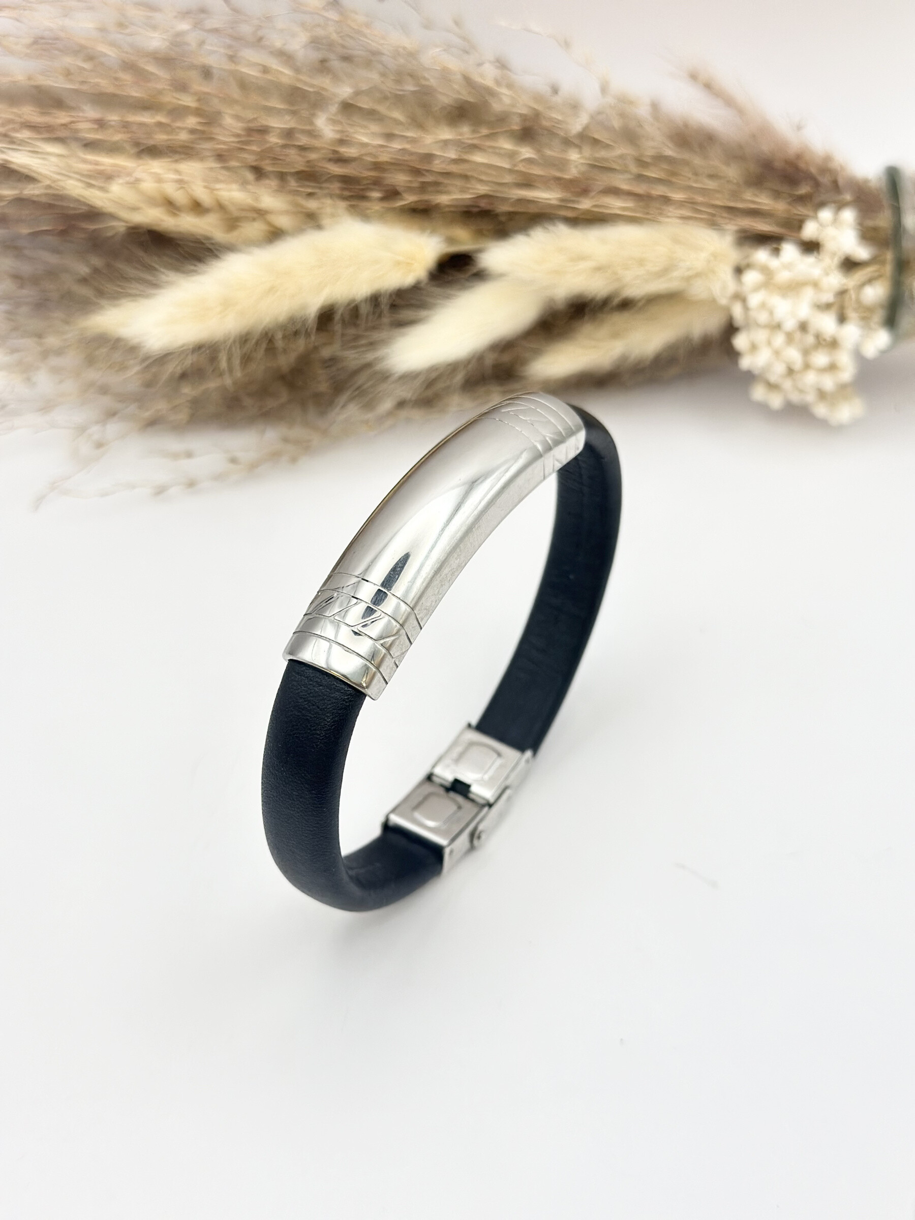 Grossista Ceramik - Bracciale in Pelle e Acciaio Inossidabile taglia regolabile placca incisione