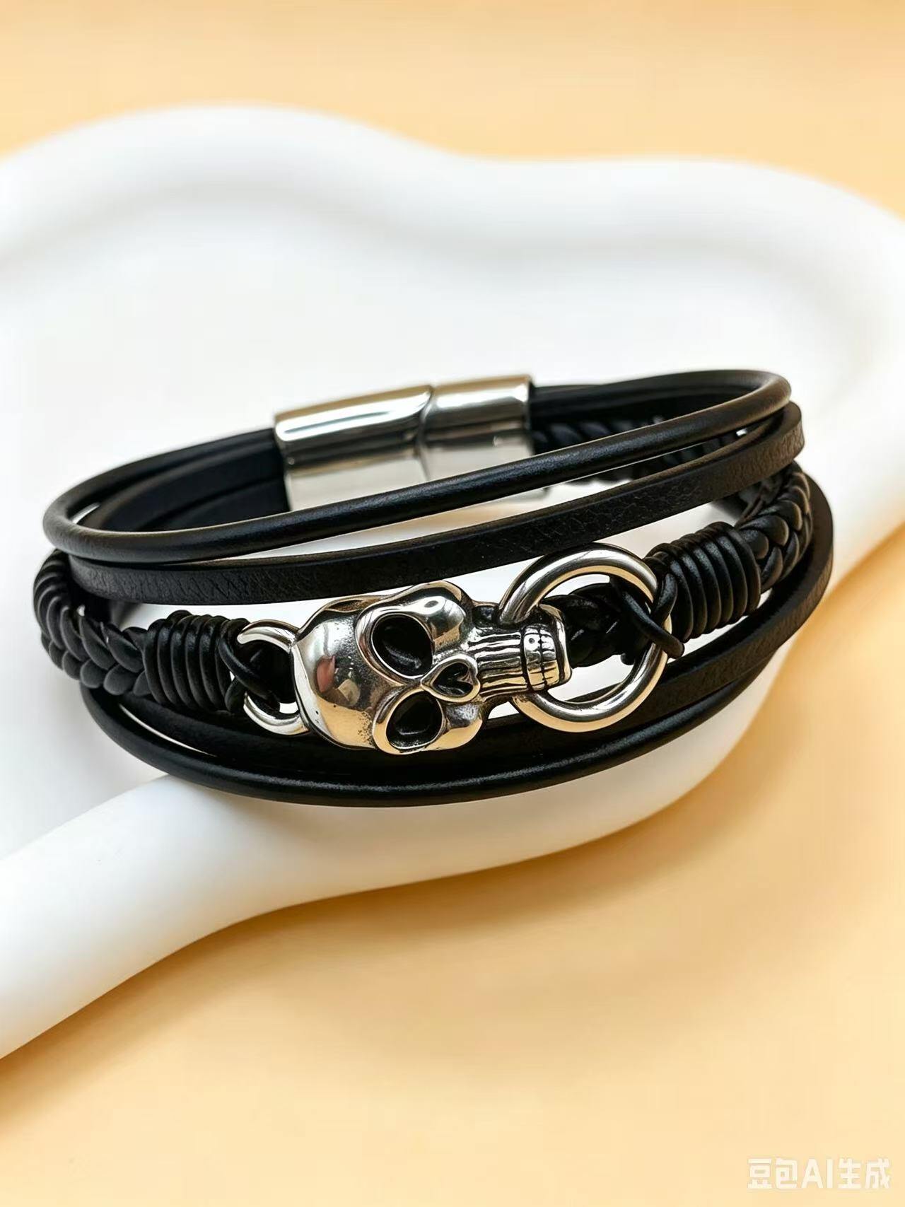 Grossiste Ceramik - Bracelet Homme Tête de Mort – Cuir Noir & Acier Inoxydable