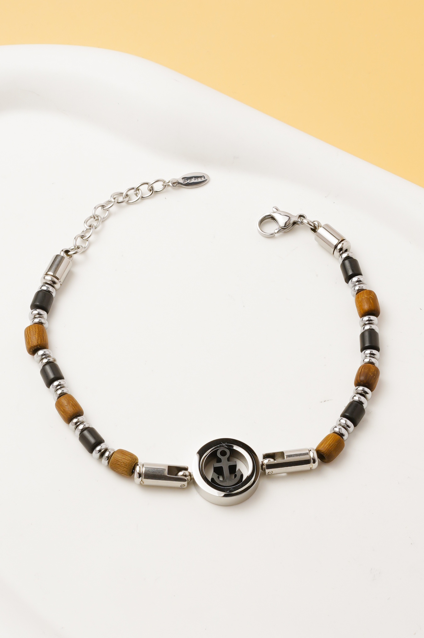 Großhändler Ceramik - Herrenarmband mit Edelstahlanker und Holzperlen – verstellbar 14 + 4 cm
