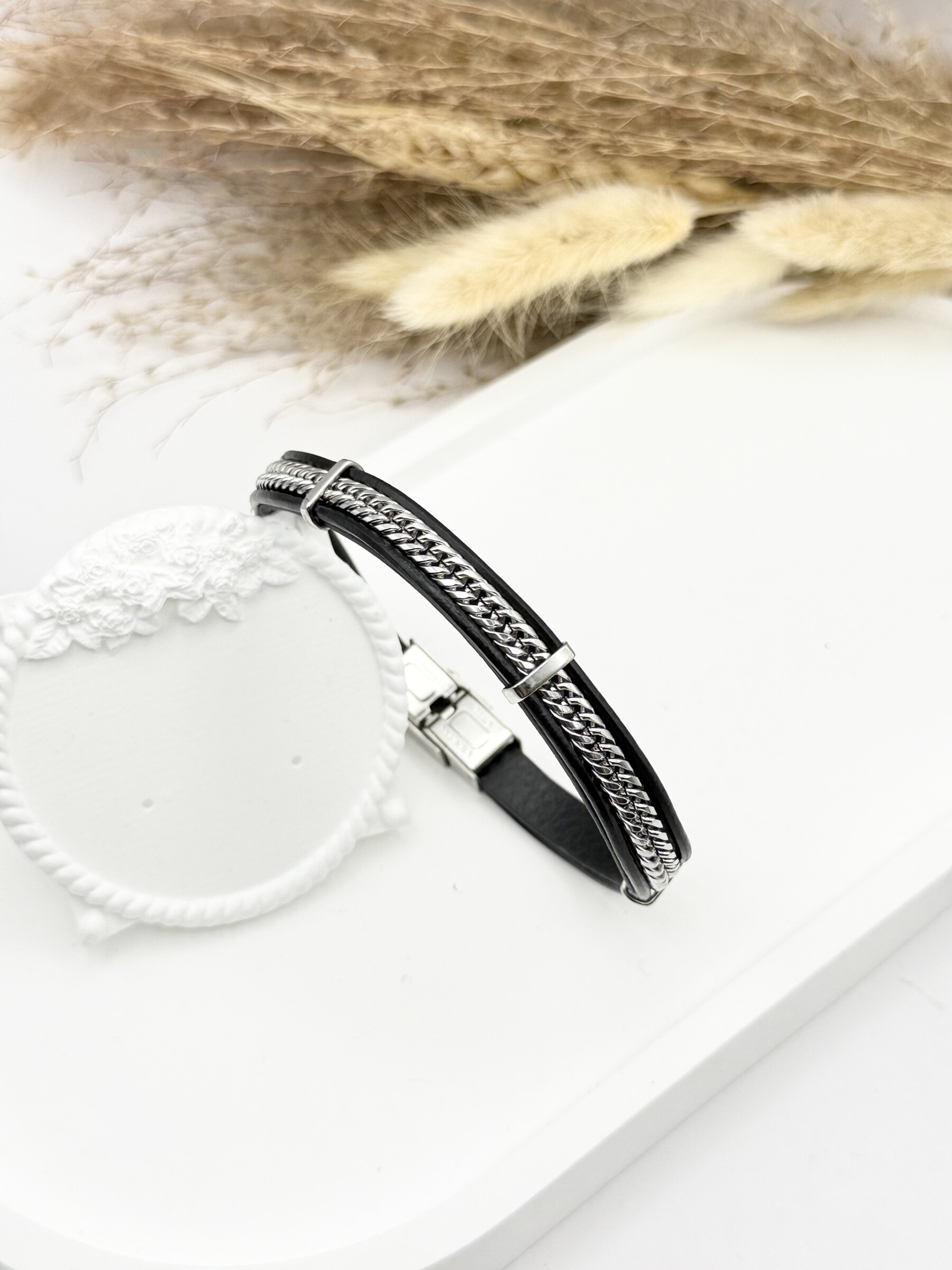 Grossista Ceramik - Bracciale in pelle e mesh gourmet in acciaio inossidabile