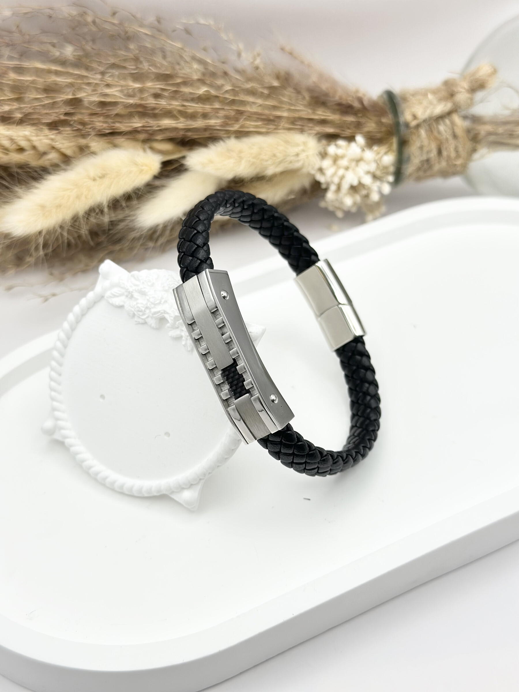 Grossista Ceramik - Bracciale in pelle e mesh gourmet in acciaio inossidabile