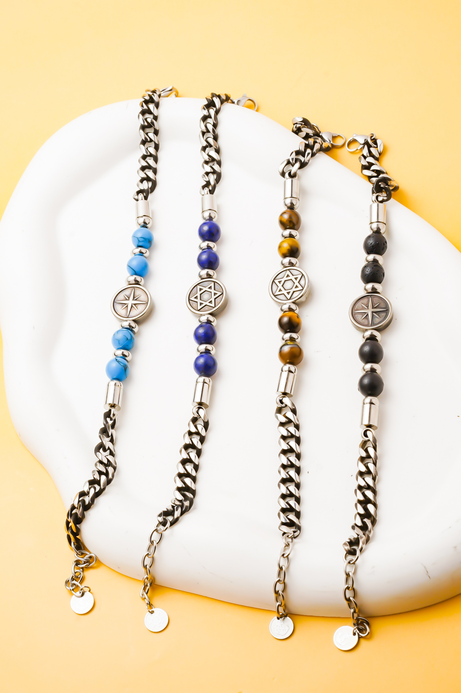Wholesaler Ceramik - Men's Beaded & Chain Bracelet – Stainless Steel - Length: 18 + 2 cm (adjustable) - Bead Diameter 6mm
