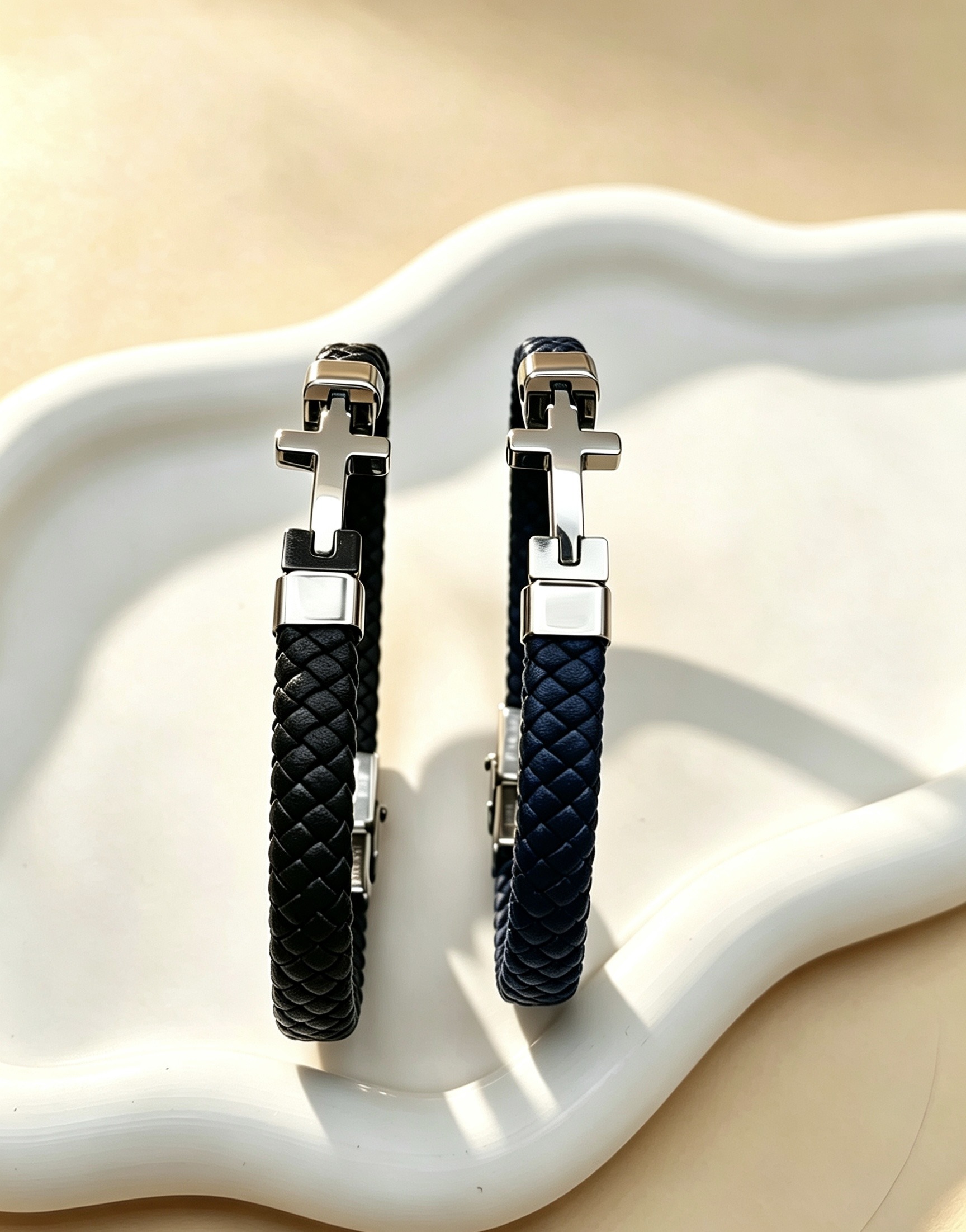 Grossiste Ceramik - Bracelet Homme – PU- Cordon Tressé avec Croix ✝️