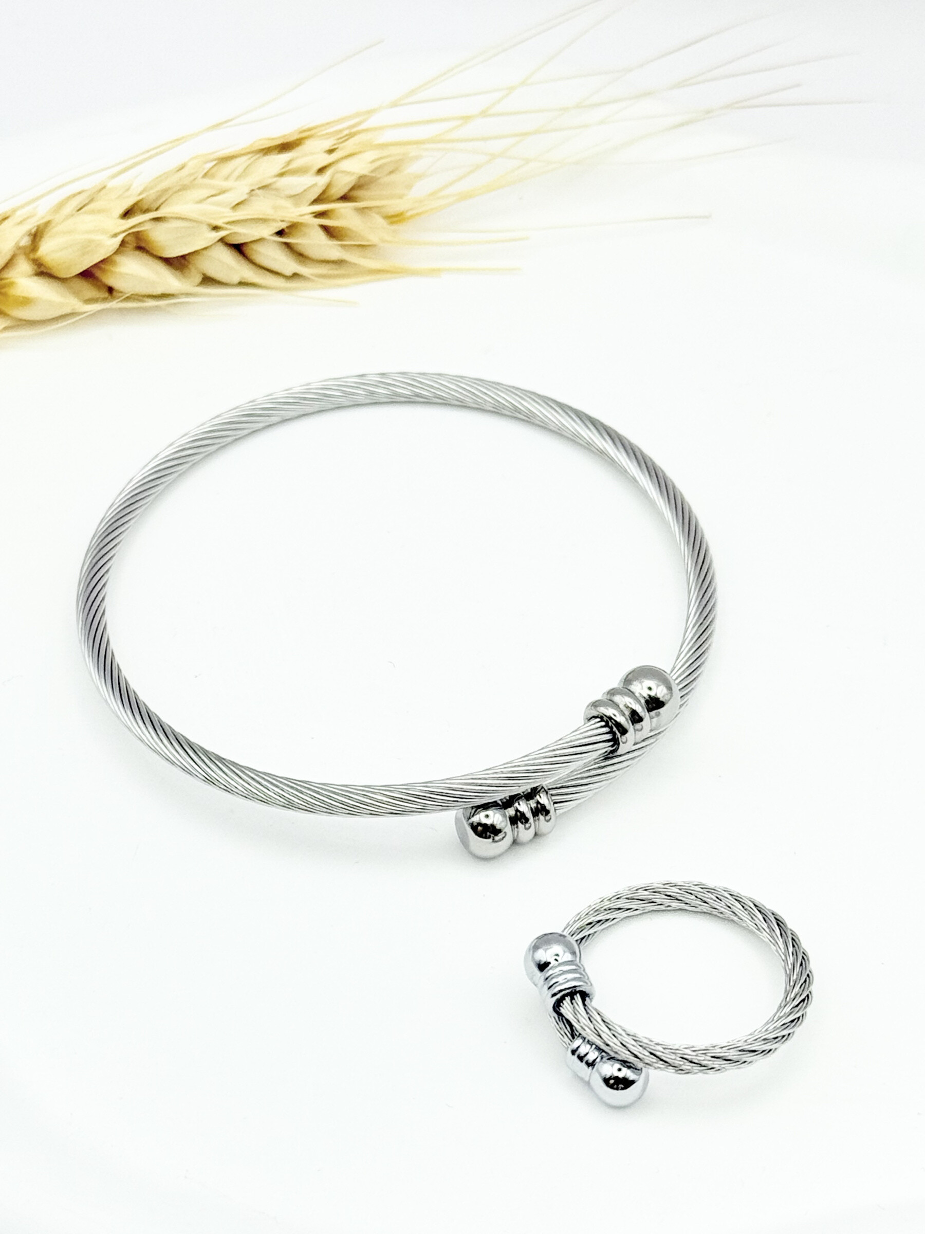 Wholesaler Ceramik - Bracelet + Ring twisted silver cable - grooved silver tips