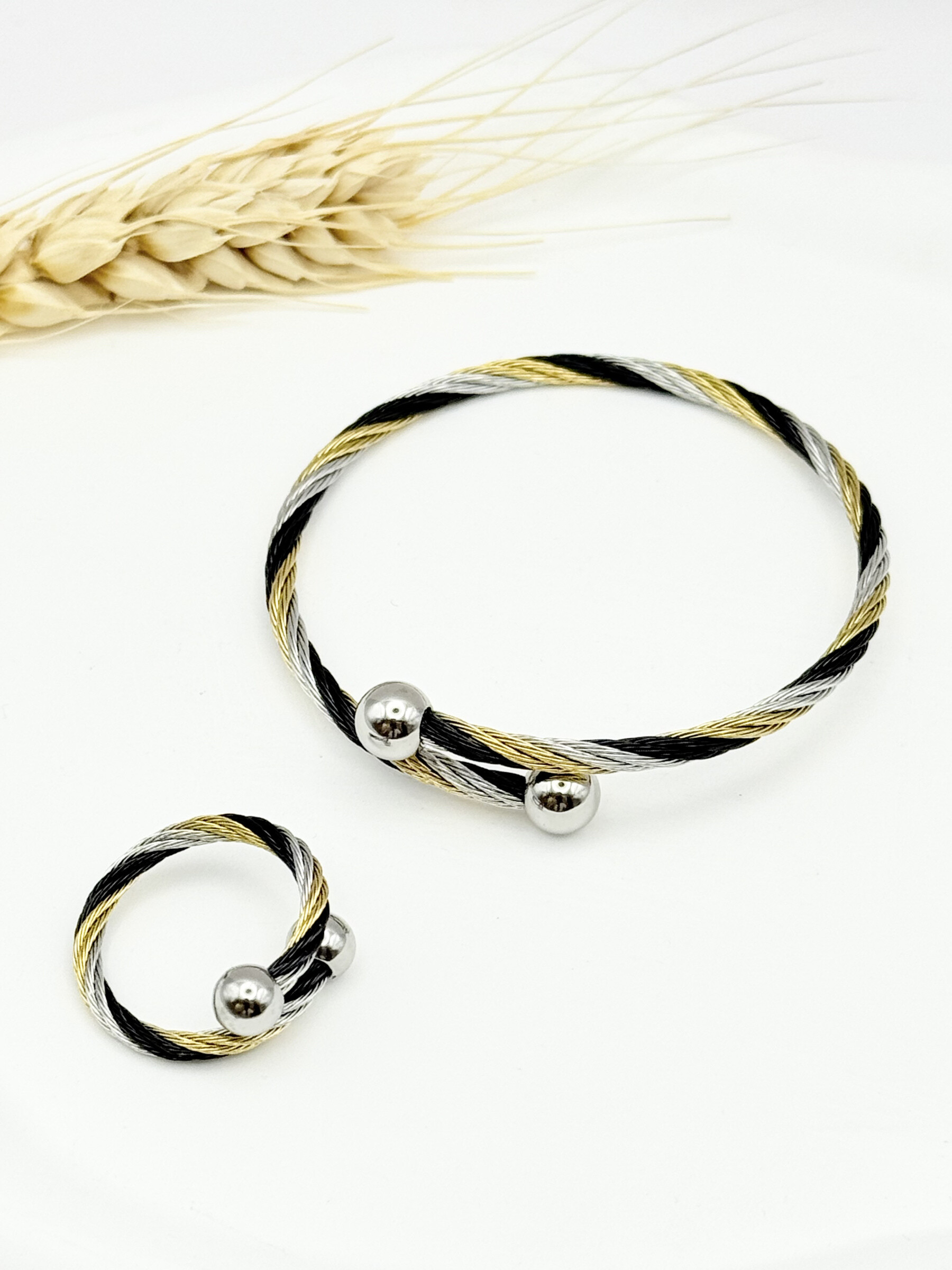 Wholesaler Ceramik - Bracelet + Multicolored Twisted Cable Ring - Silver Ball Endings