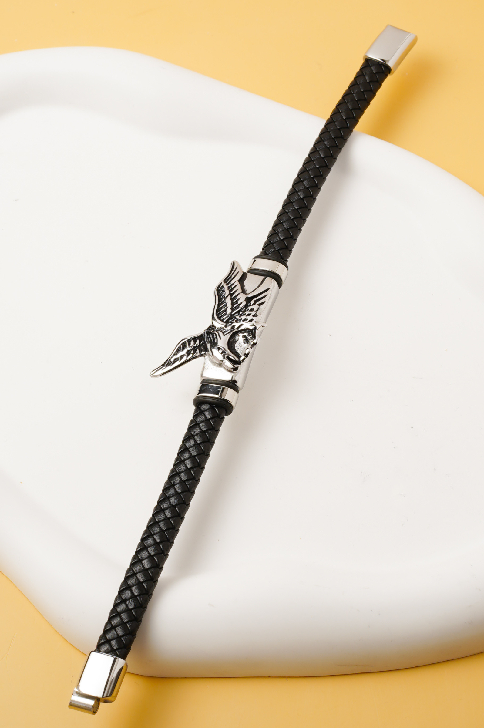Großhändler Ceramik - Herrenarmband – Schwarzes PU mit Silberadler