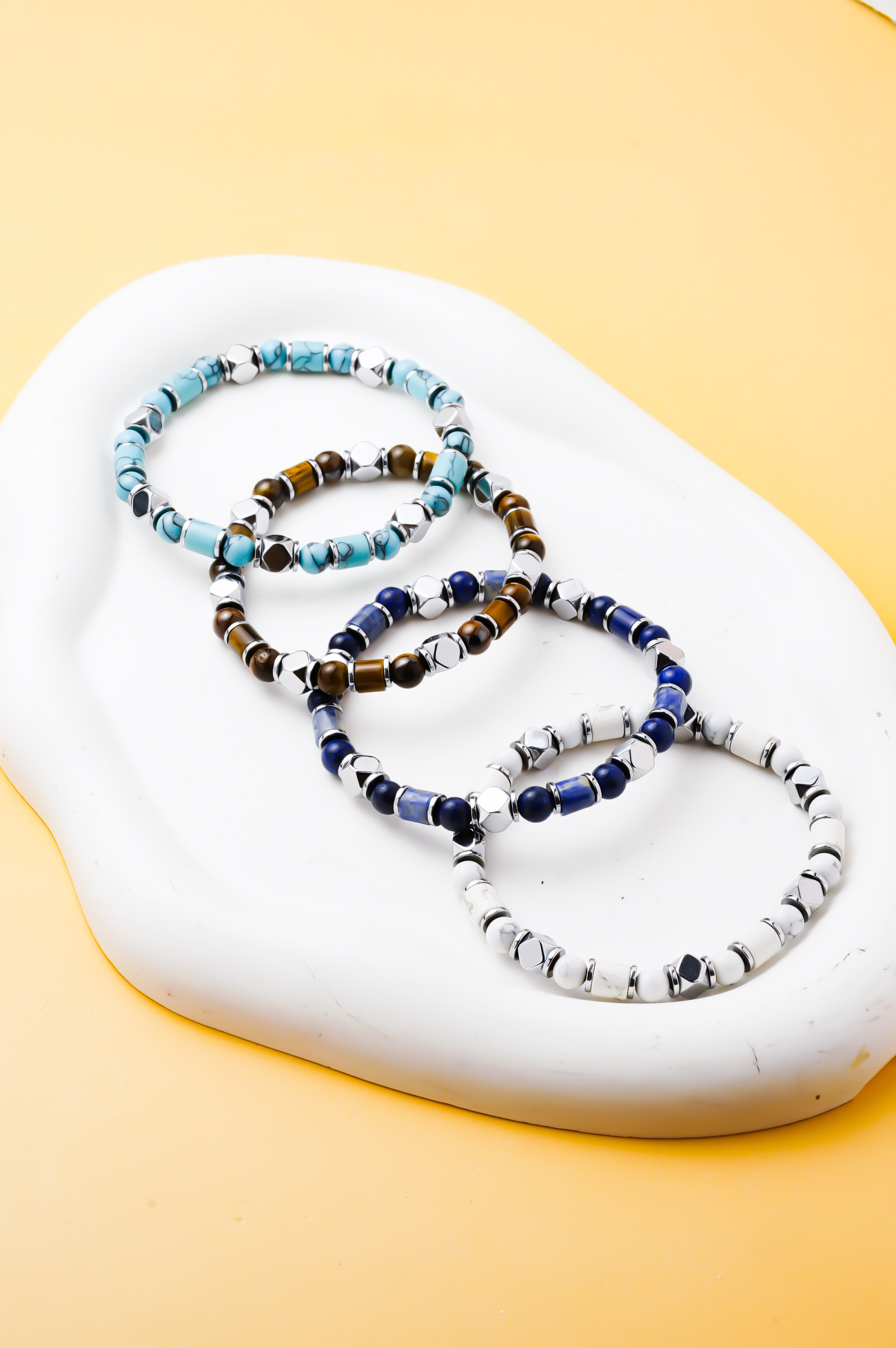 Grossista Ceramik - Bracciale Uomo in Pietre Naturali, Turchese, Occhio di Tigre, Lapislazzuli o Howlite Bianca, Elastico 20 cm