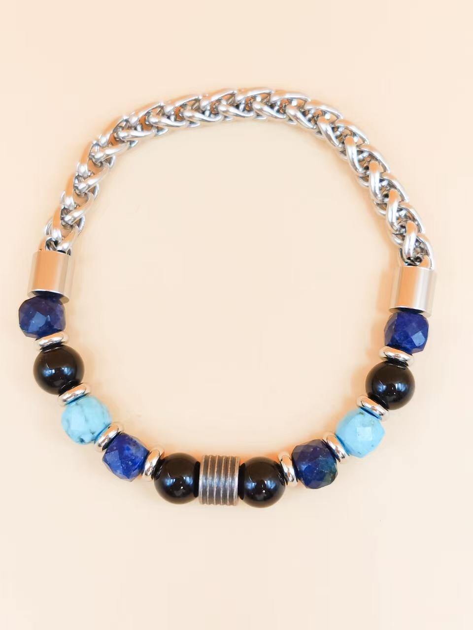 Großhändler Ceramik - Herrenarmband 20 cm – Kette & Blaue/Schwarze Perlen Edelstahl