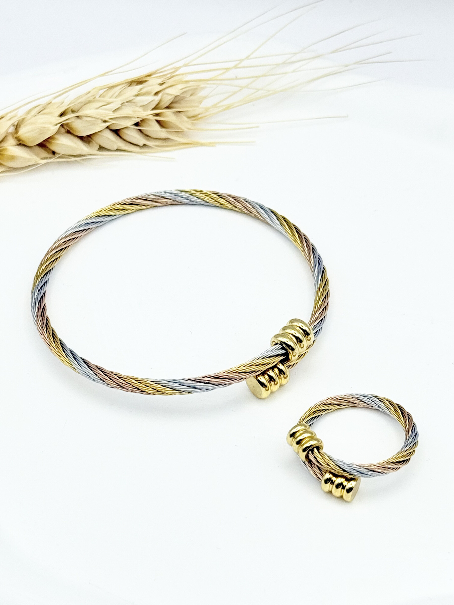 Wholesaler Ceramik - Bracelet + Tricolor cable ring - grooved golden tips