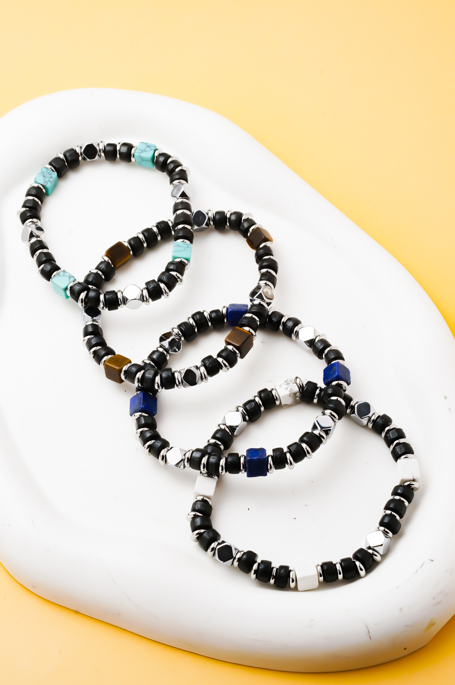 Grossista Ceramik - Bracciale Uomo in Pietre Naturali, Turchese, Occhio di Tigre, Lapislazzuli o Howlite Bianca, Elastico 20 cm