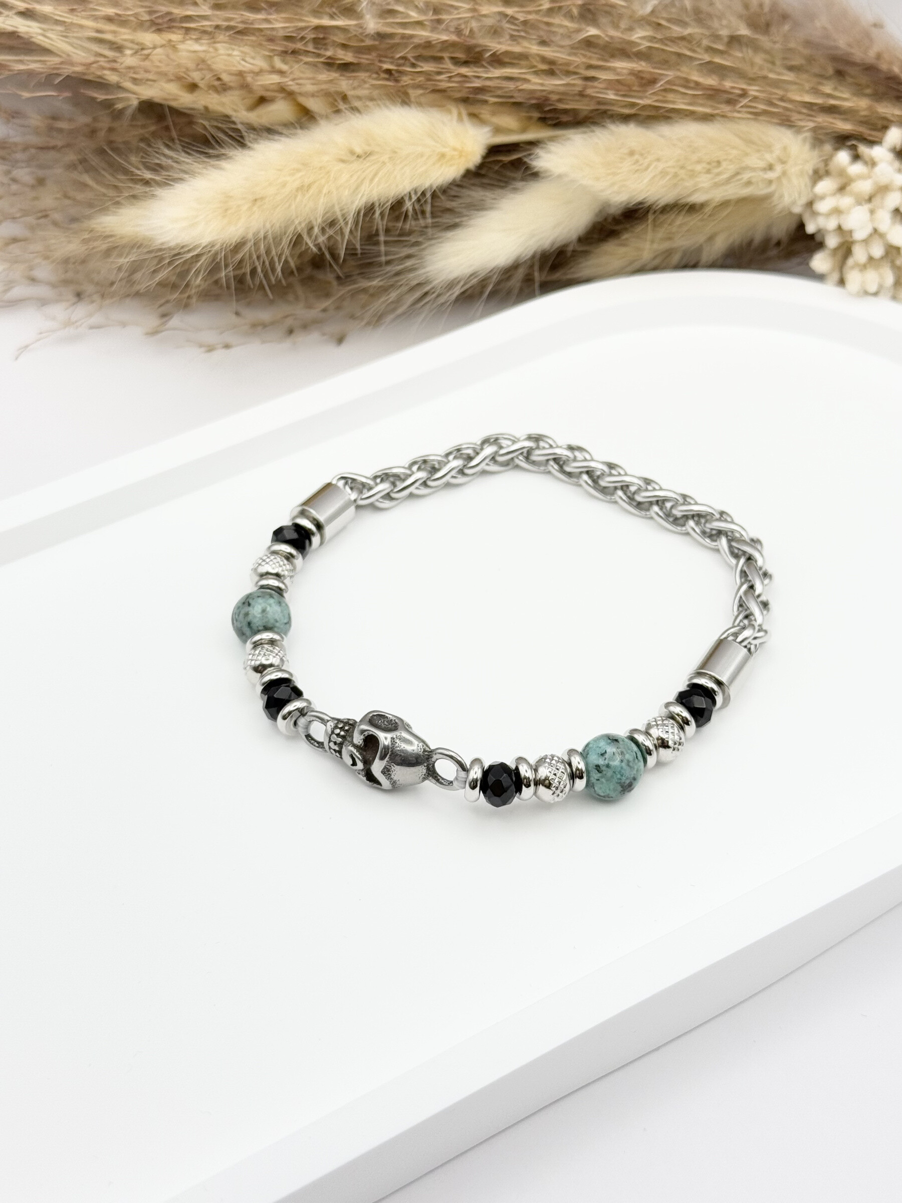 Grossista Ceramik - Bracciale con pietra naturale e teschio in acciaio inossidabile turchese africano