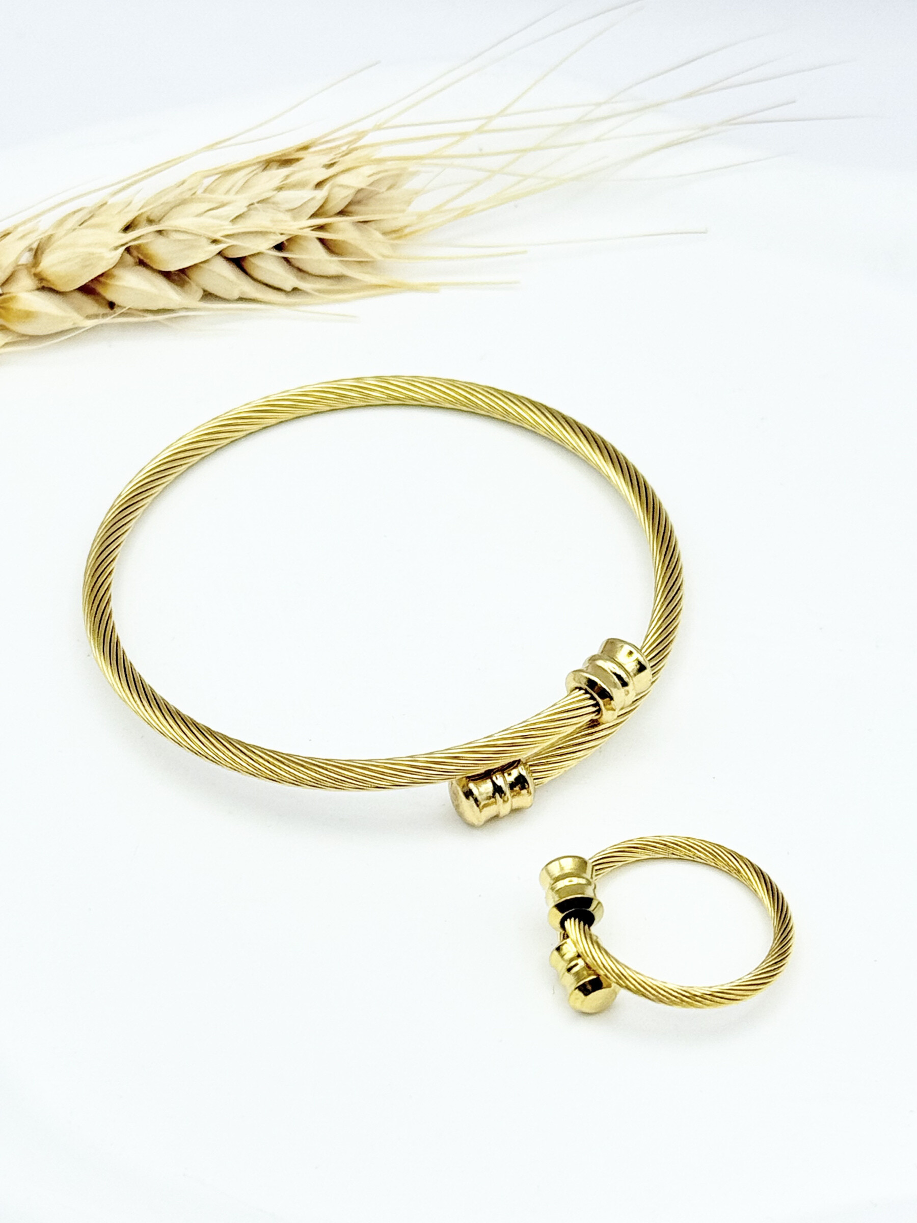 Wholesaler Ceramik - Bracelet + Ring twisted golden cable - golden grooved tips