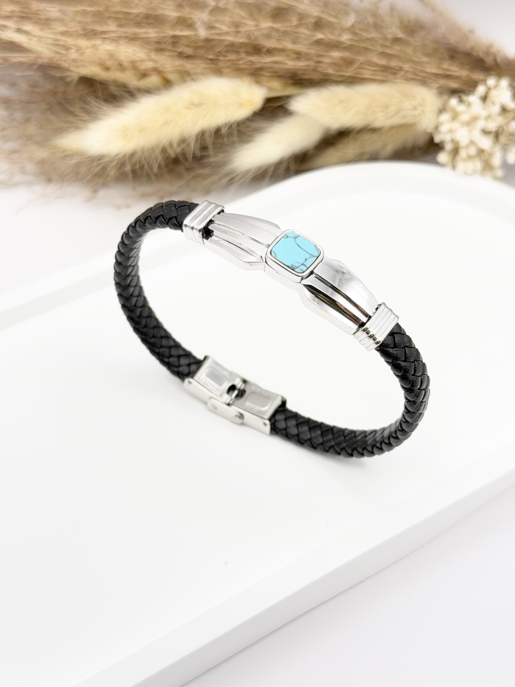 Grossiste Ceramik - Bracelet en cuir tressé et acier inoxydable Pierre turquoise