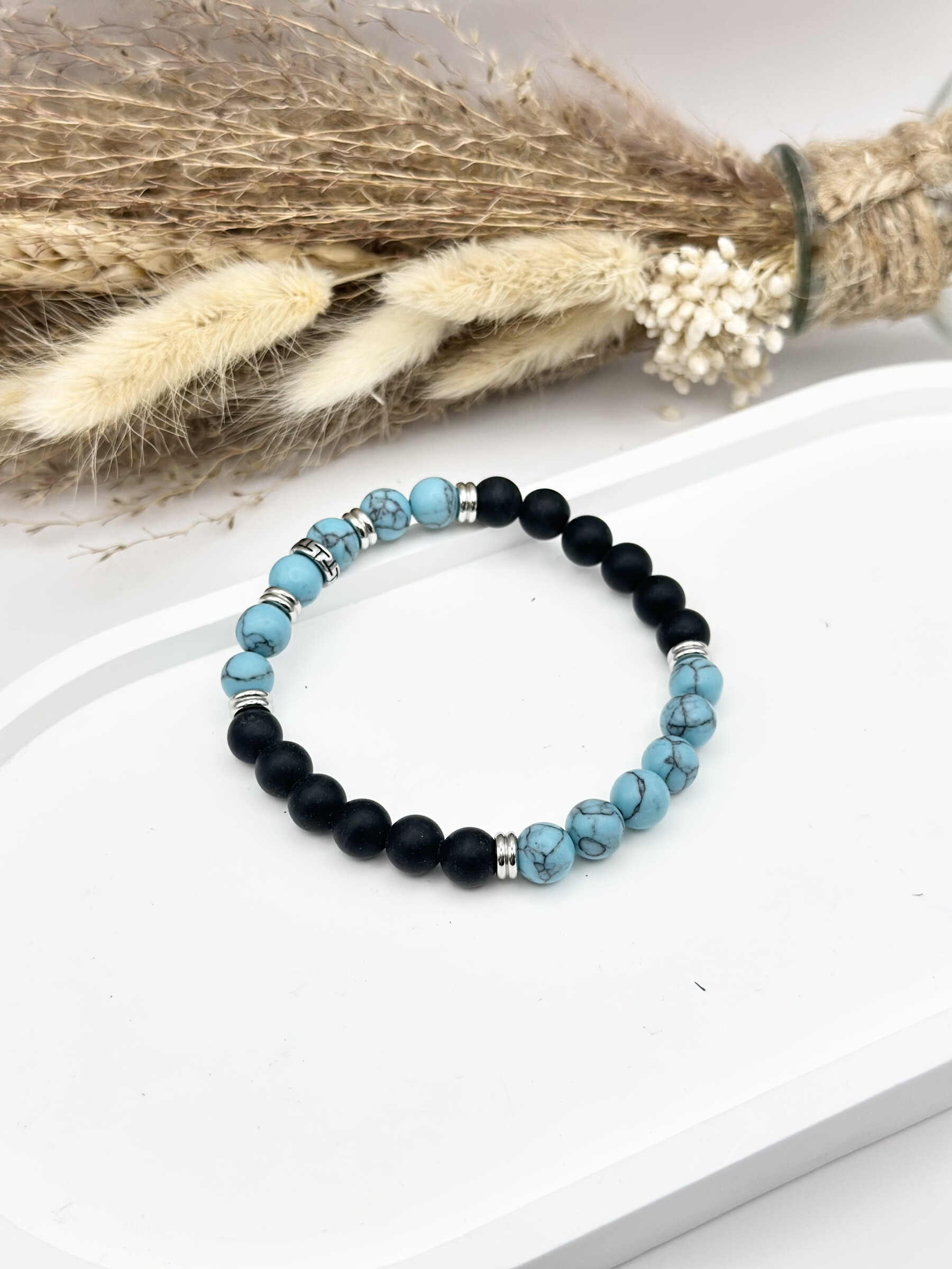 Wholesaler Ceramik - Elastic bracelet in natural black onyx matt and tiger eye