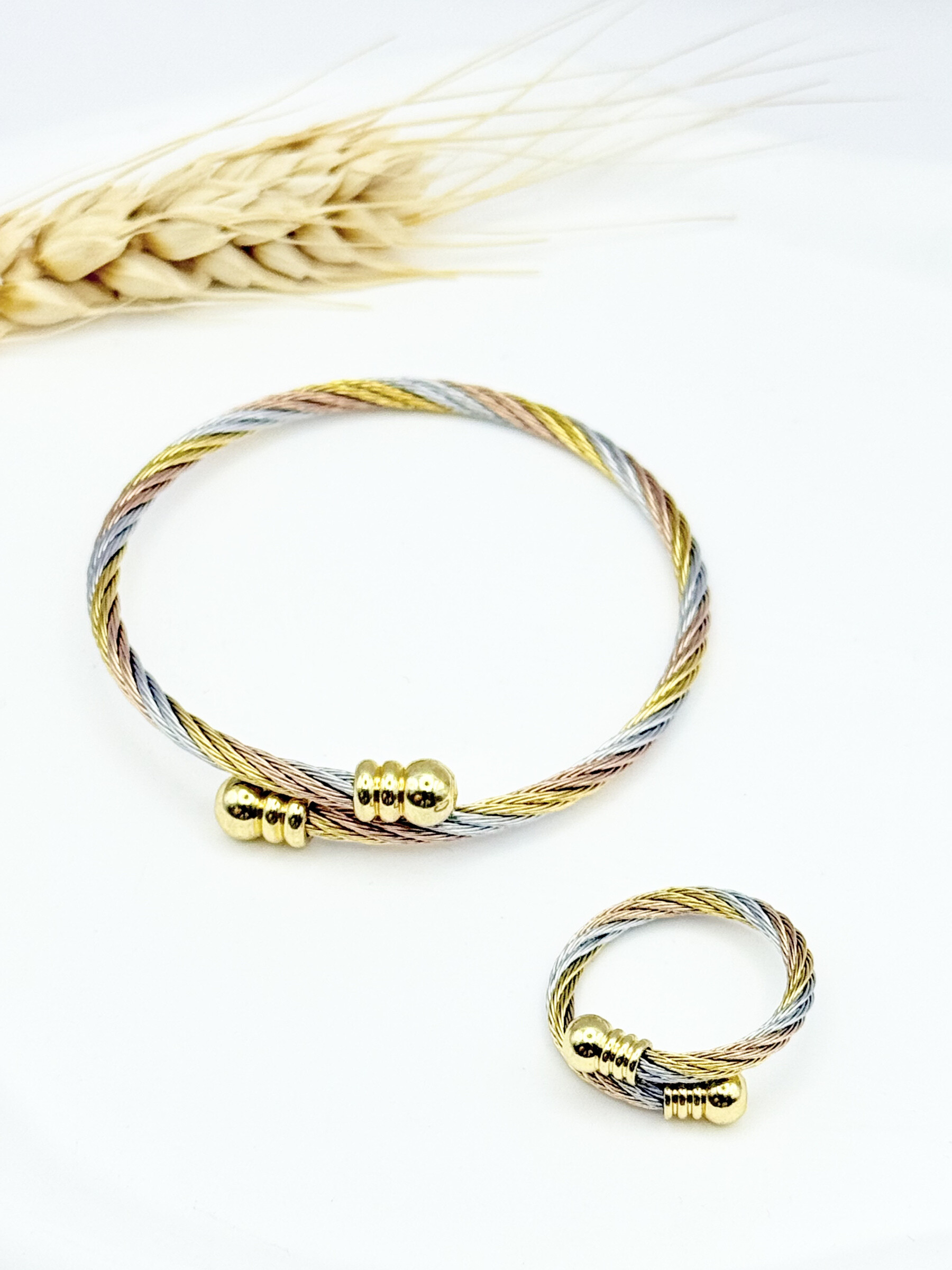 Wholesaler Ceramik - Bracelet + Ring twisted tricolor cable - grooved golden tips