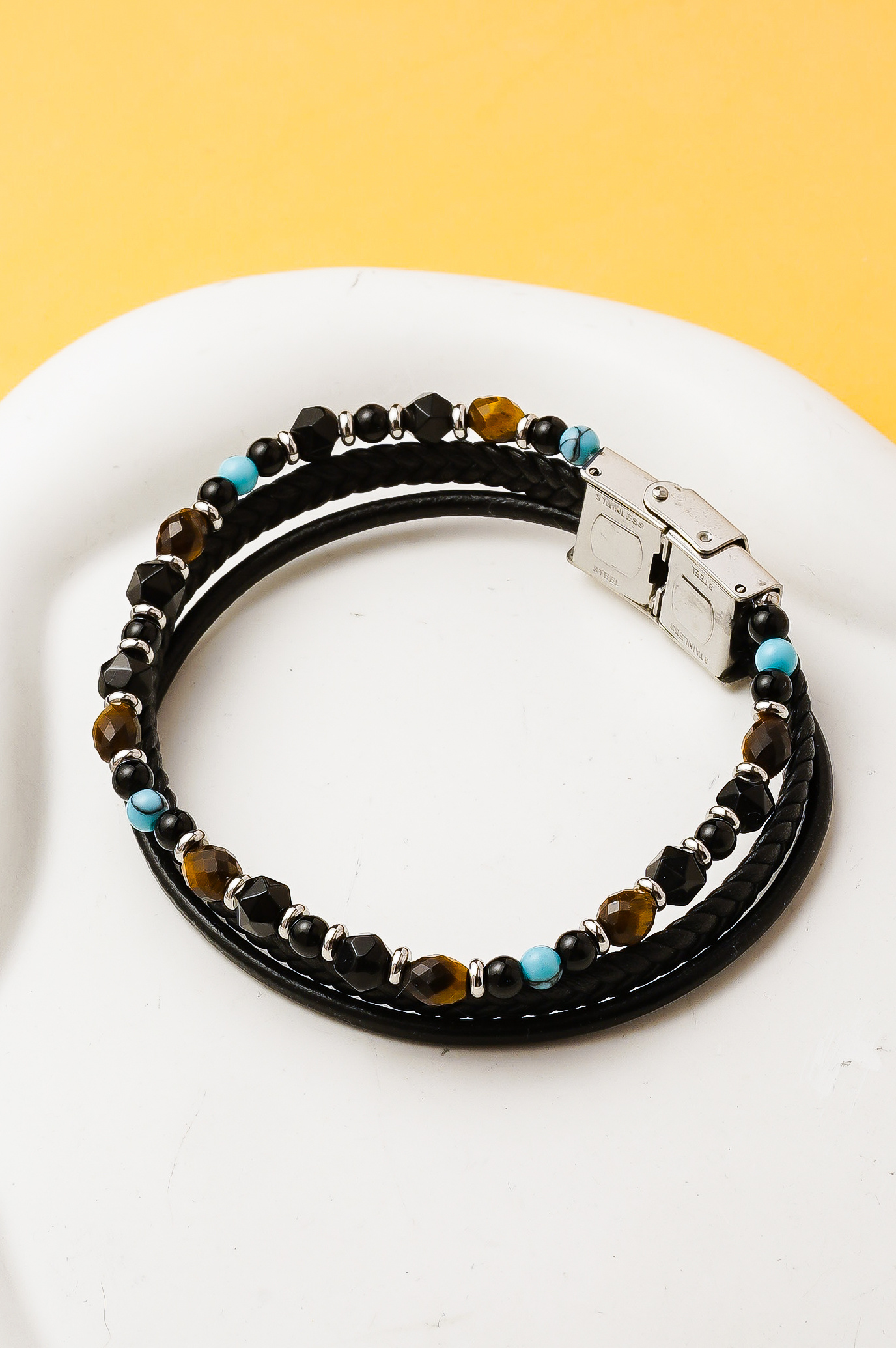 Grossista Ceramik - Bracciale Uomo a Doppio Filo in PU e Pietre Naturali – 20 cm – Colori Disponibili