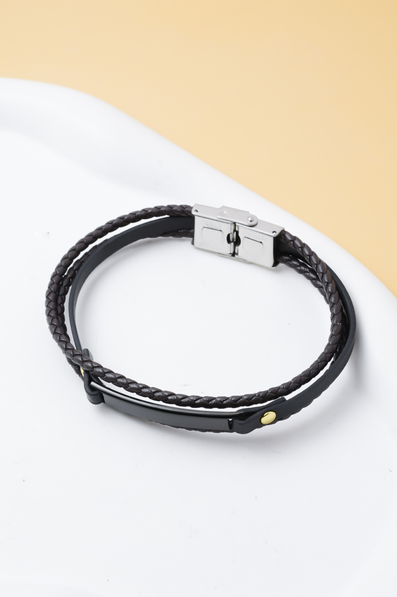 Großhändler Ceramik - Herrenarmband PU Edelstahl 20cm – Doppelt gewickelt Schwarz Geflochten – Moderner Stil