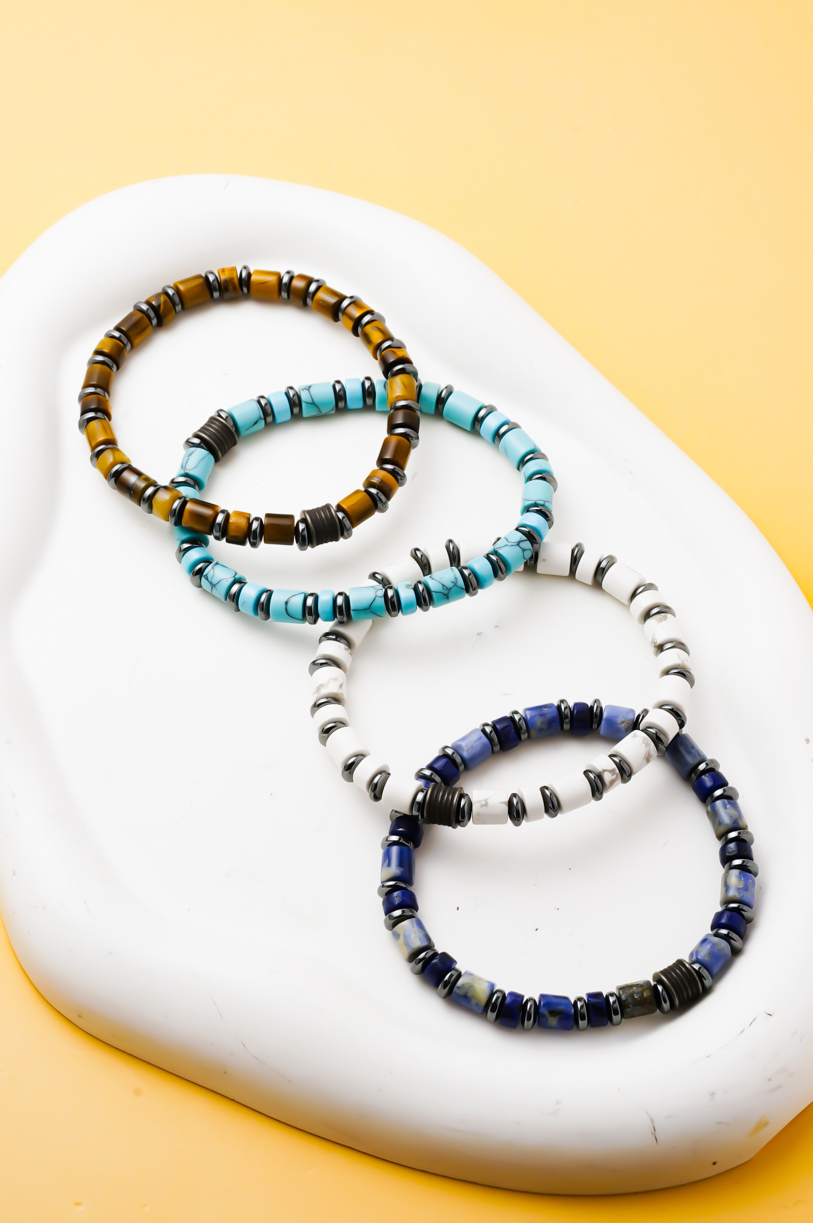 Grossista Ceramik - Bracciale Uomo in Pietre Naturali, Occhio di Tigre, Turchese, Howlite Bianca o Sodalite Blu, Elastico 20 cm