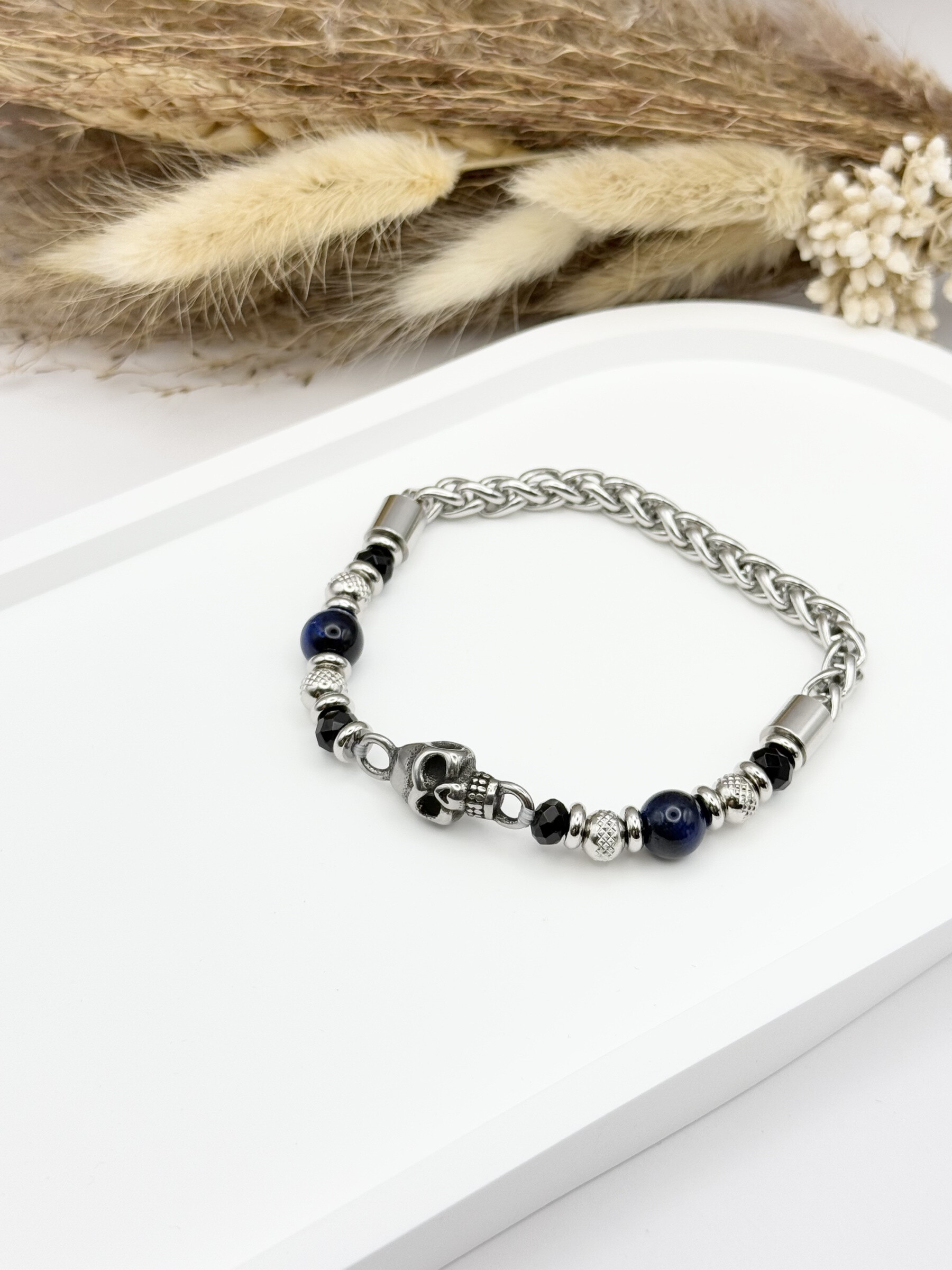 Grossista Ceramik - Bracciale con pietra naturale e teschio in acciaio inossidabile turchese africano