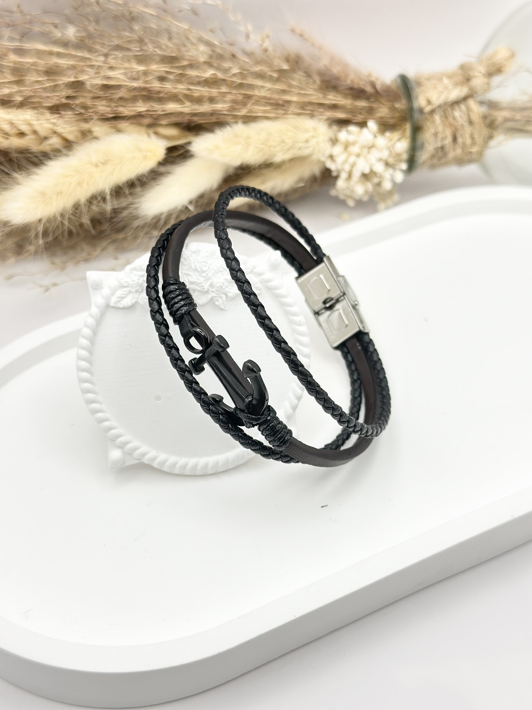 Grossista Ceramik - Bracciale da uomo in pelle con blu scuro in acciaio inossidabile
