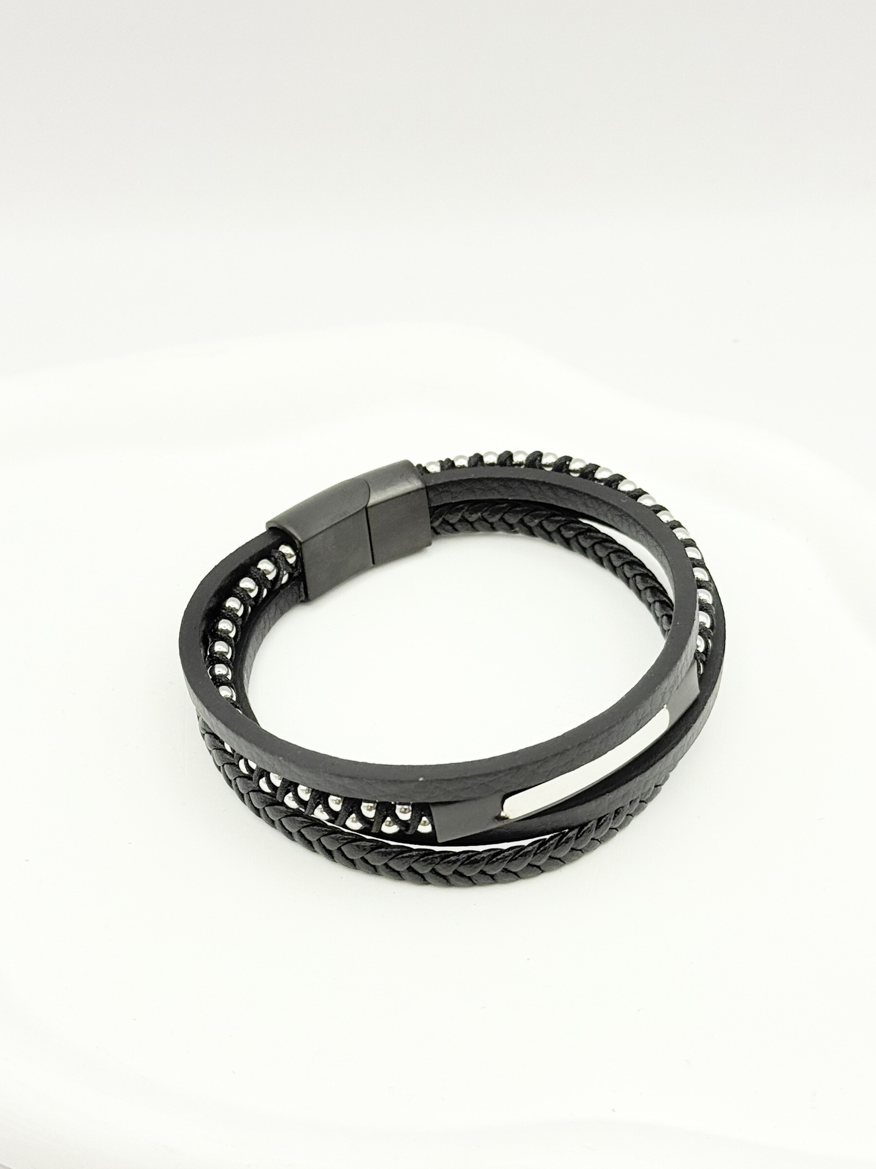 Wholesaler Ceramik - Men's Bracelet Black Leather and Stainless Steel