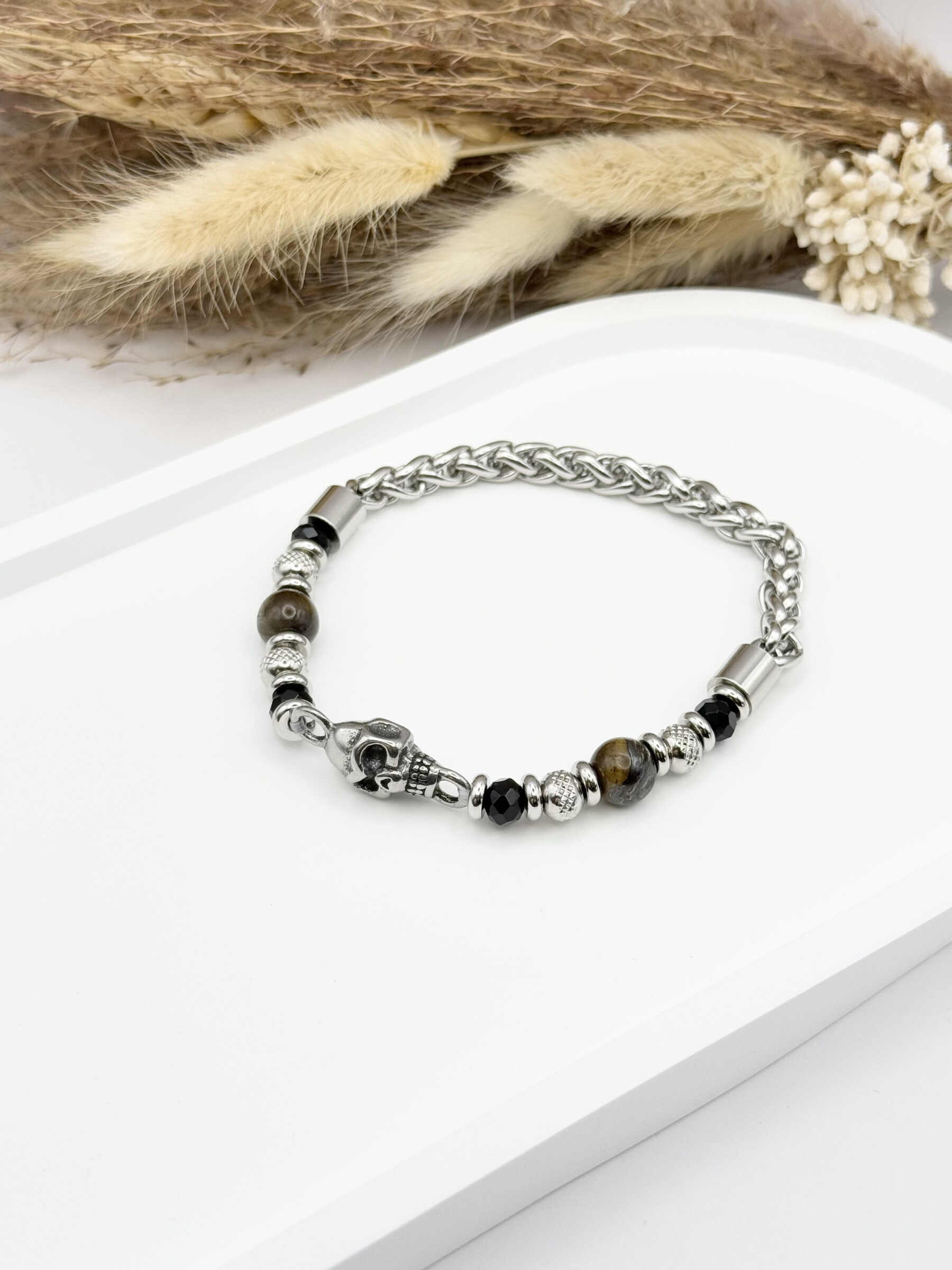 Grossista Ceramik - Bracciale con pietra naturale e teschio in acciaio inossidabile turchese africano