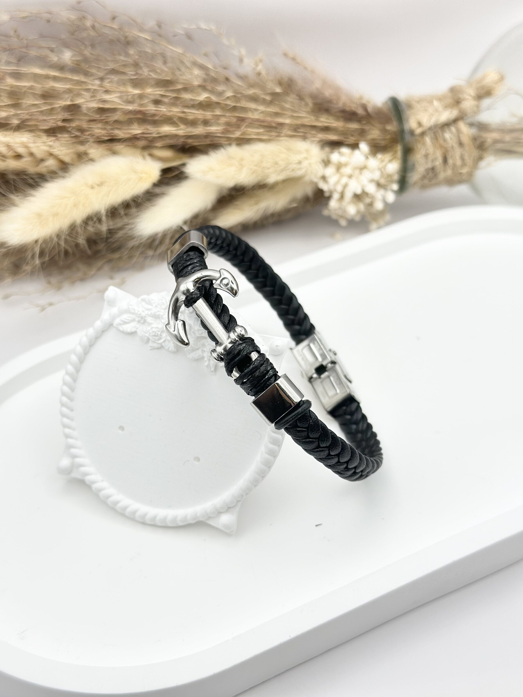 Grossista Ceramik - Bracciale da uomo in pelle con blu scuro in acciaio inossidabile