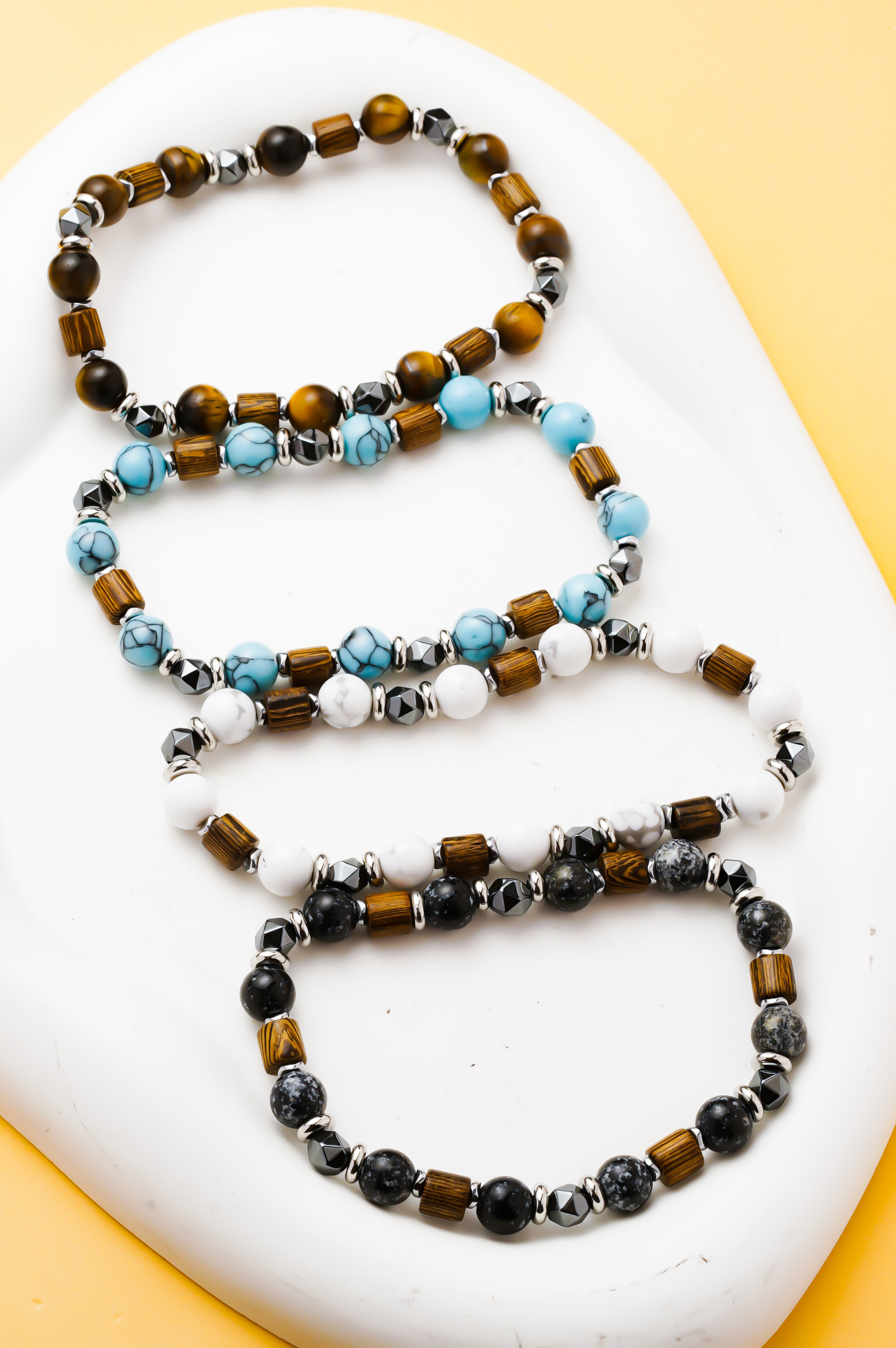 Grossista Ceramik - Bracciale Uomo in Pietre, Occhio di Tigre, Turchese, Howlite Bianca o Ossidiana, Elastico 20 cm