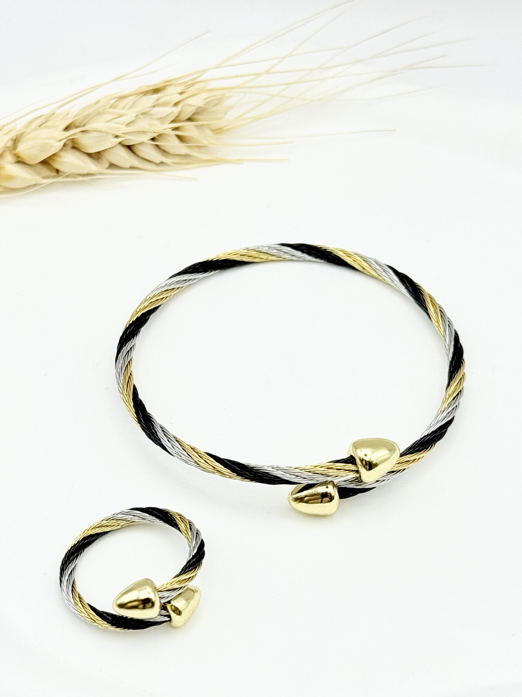 Wholesaler Ceramik - Bracelet + Ring in tricolor twisted cable - Stainless steel