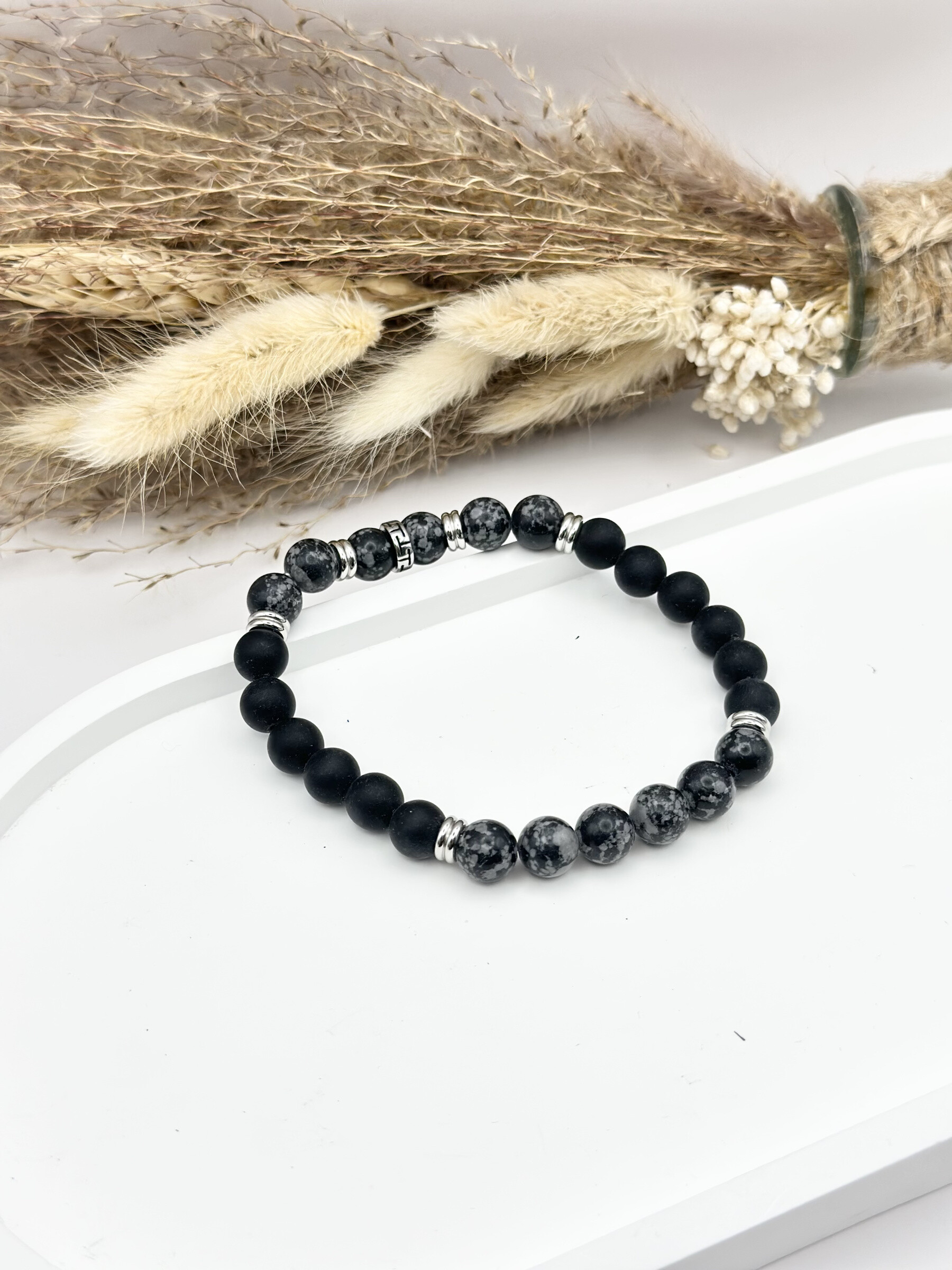 Grossista Ceramik - Bracciale elastico in onice nero naturale Matt e Tiger Eye