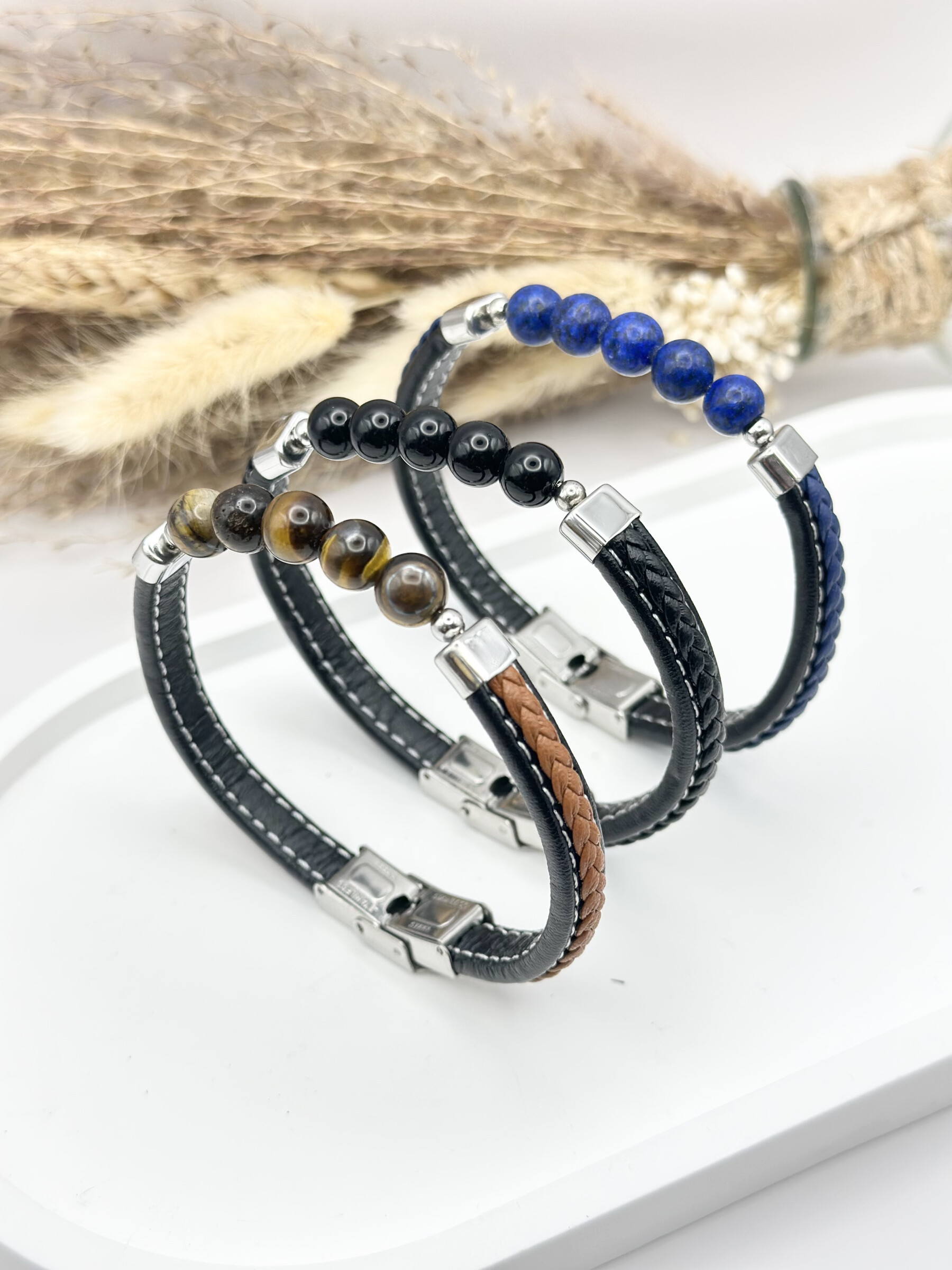 Grossista Ceramik - Bracciale in pelle e pietra naturale 8mm