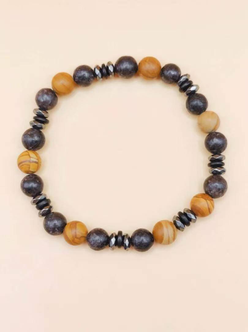 Grossiste Ceramik - Bracelet mixte unisexe – Perles 8 mm – 20 cm – Élastique & acier inoxydable – Marron & noir