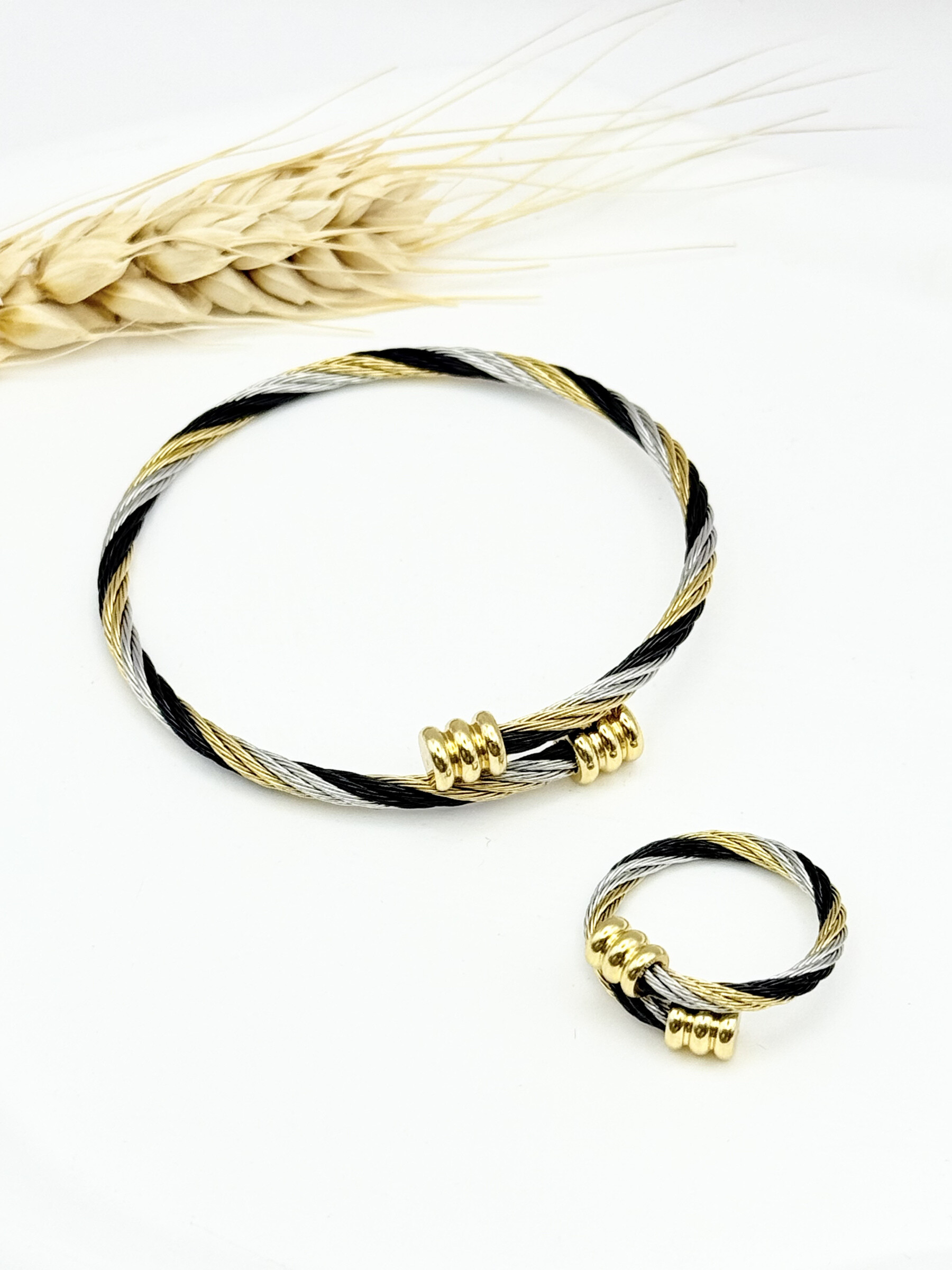 Wholesaler Ceramik - Bracelet + Ring twisted black, gold and silver cable - golden grooved tips