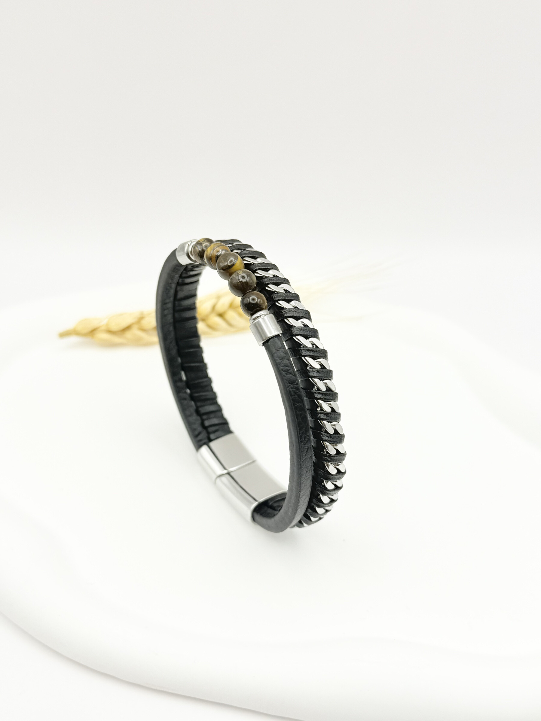 Wholesaler Ceramik - Man bracelet leather and stainless steel vertical bar motive, black or brown color