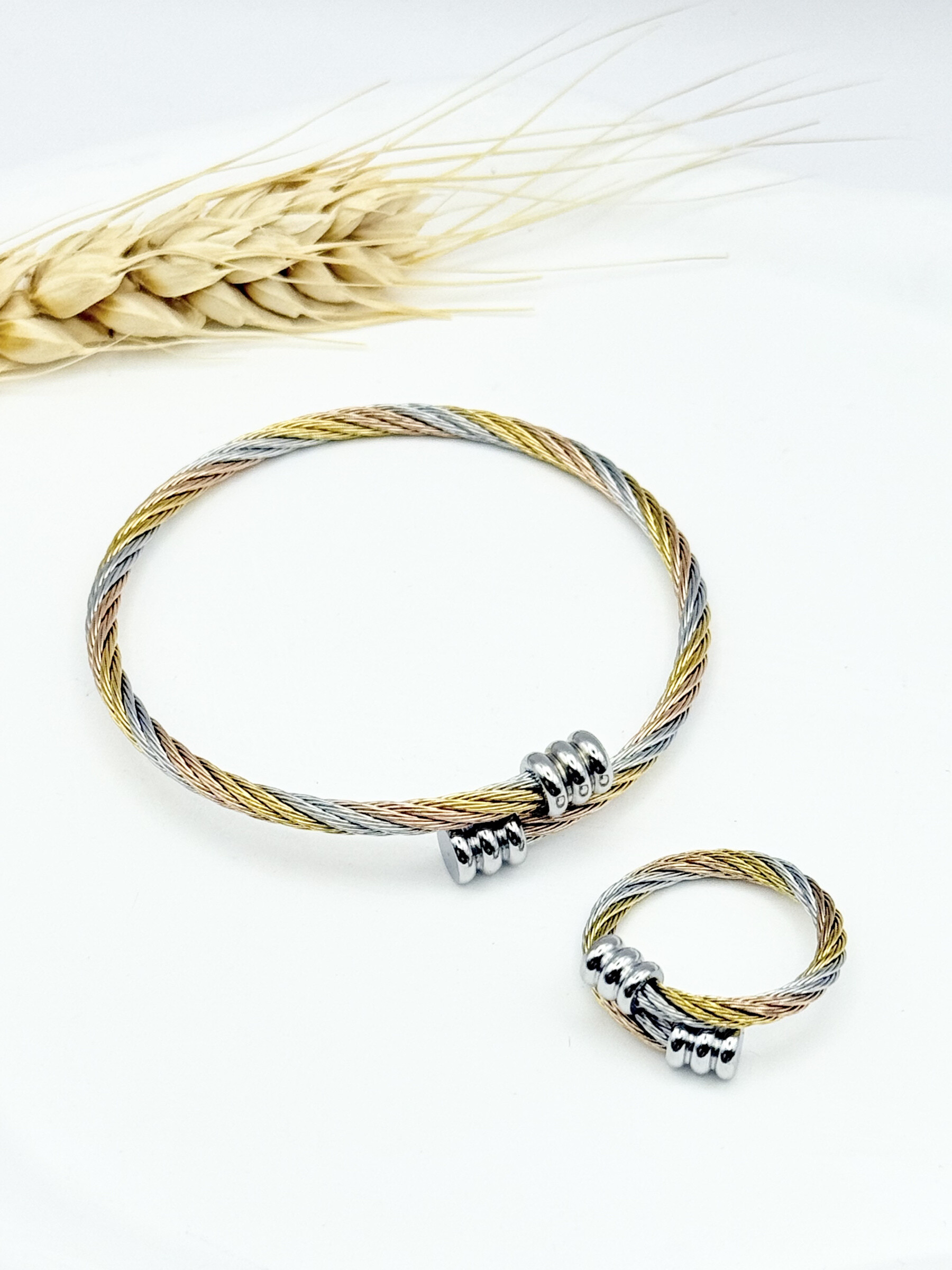 Wholesaler Ceramik - Bracelet + Ring twisted tricolor cable - silver grooved tips
